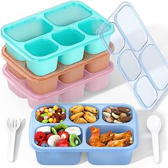 Bento Box Adult Lunch Box - 4 Pack, 5 - Compartment Meal Prep Container for Kids, Reusable Food Storage Snack Containers - Stackable for School, Work, and Travel (Transparent(Blue/Pink/Green/Yellow))