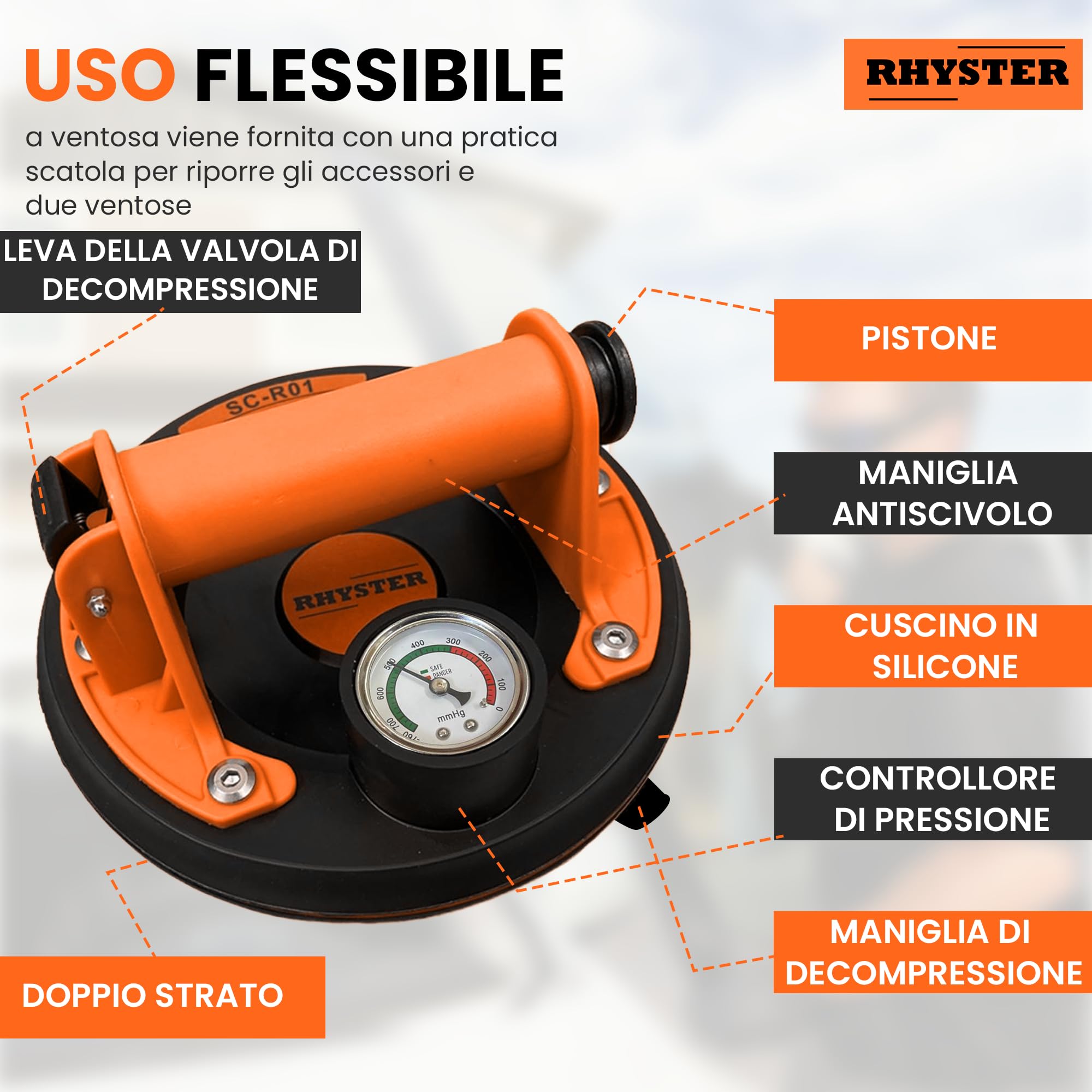 2 Ventose per Piastrelle con Manometro e Indicatore di Sicurezza, Diametro 200 mm, Supporto Fino a 320 kg, Ideale per Piastrelle, Vetri, Parabrezza, Mobili, Kit di Ricambio per Valvole