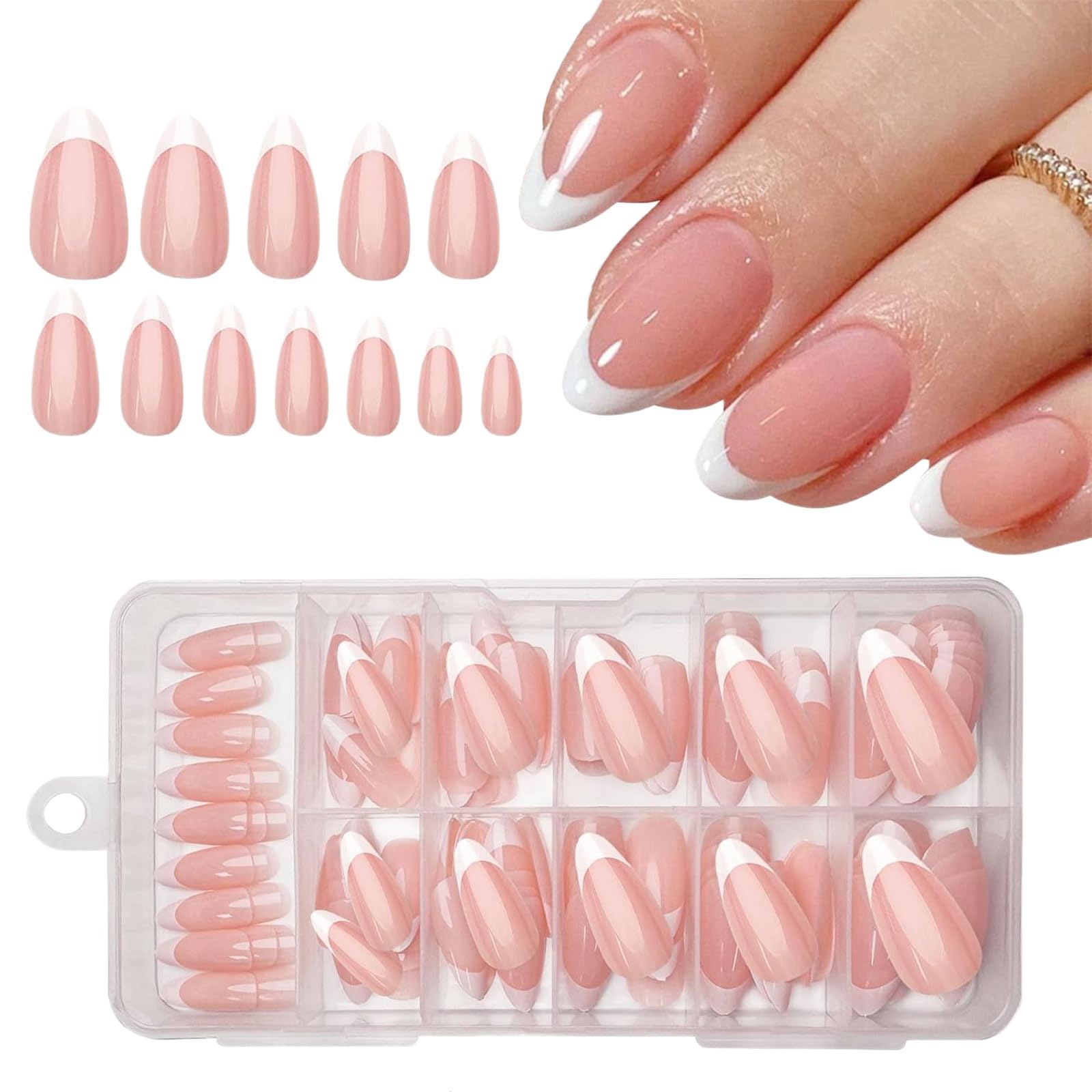 GlamRays 120 uñas postizas de almendra medianas con punta francesa, color blanco, con diseño brillante, cobertura completa de acrílico, uñas postizas lindas