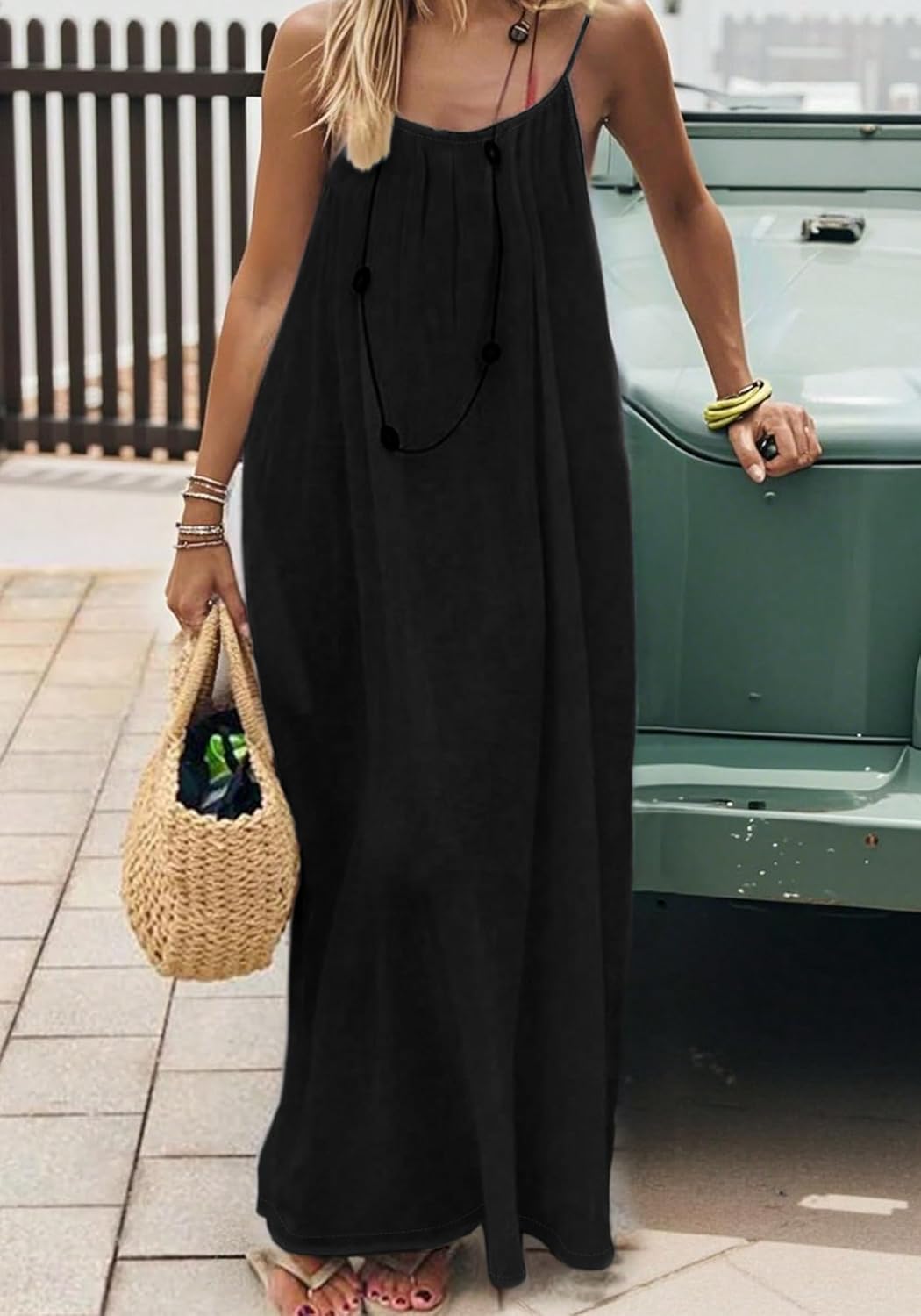 GFU Women's Summer Flowy Backless Cami Dress Adjustable Tie Back Vacation Sundress Spaghetti Strap Beach Maxi Dress - Image 3