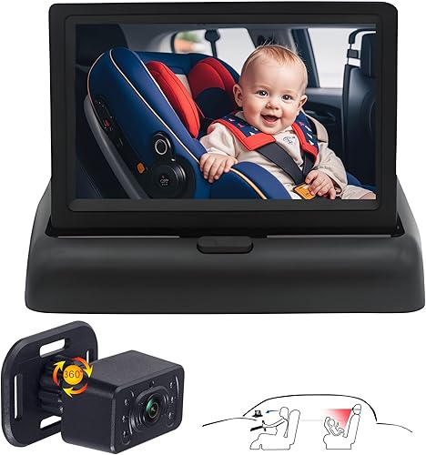 Cámara de coche para asiento trasero HD 720P Monitor de 4.3 pulgadas con visión nocturna, rotación de 360, ángulo de visión amplio de 150. Protege