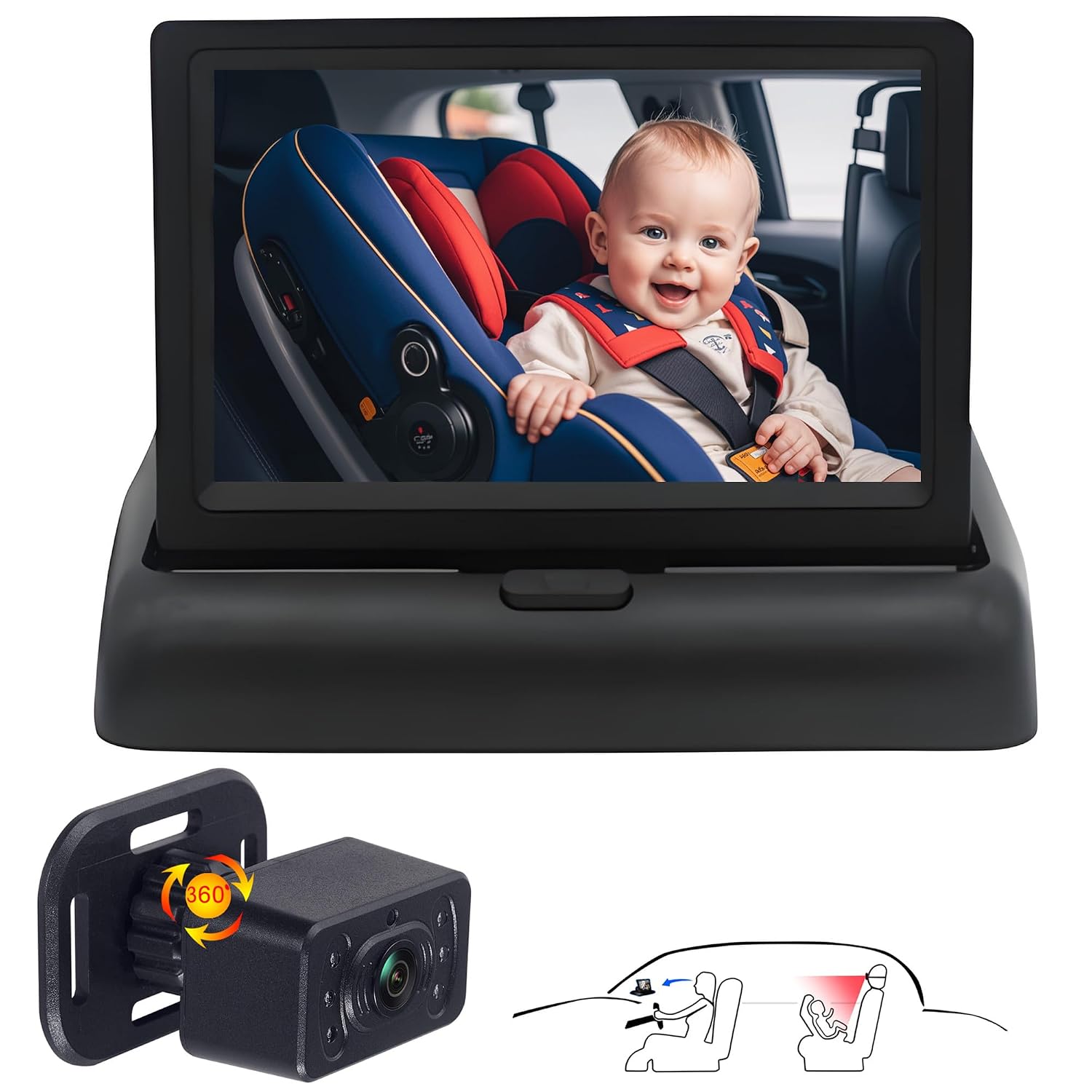 Baby-Auto-Kamera für den Rücksitz: Autositz-Kamera, Rücksitzkamera, HD 720P, Auto-Kamera für Baby, 360° drehbare Babykamera für Auto, KB45