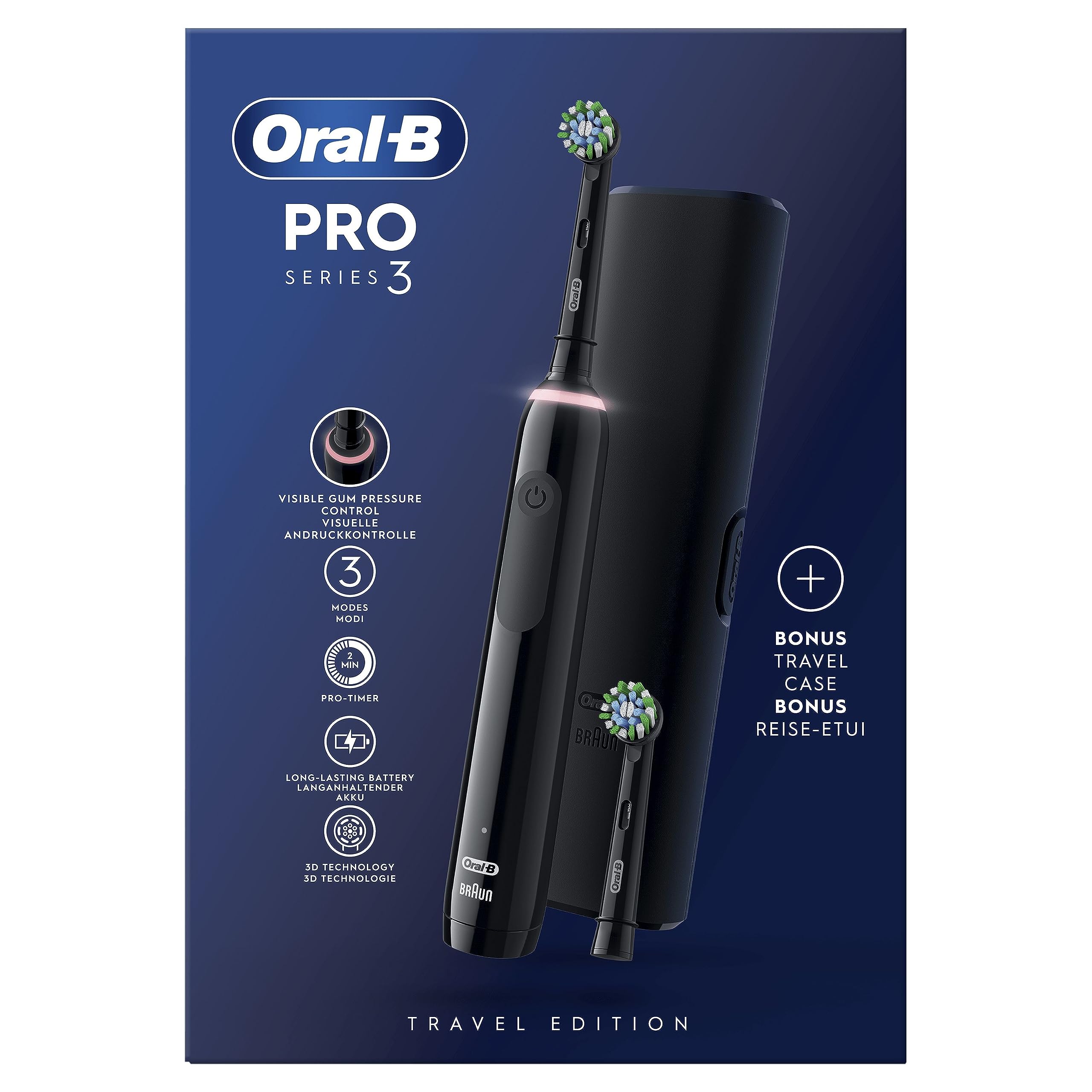 Oral-B Pro 3 3500 Brosse À Dents Électrique, Avec Capteur De Pression Pour Protéger Les Gencives, 3 Modes De Nettoyage, 1 Manche Noir, 1 Étui De Voyage, 2 Brossettes Rondes De Rechange