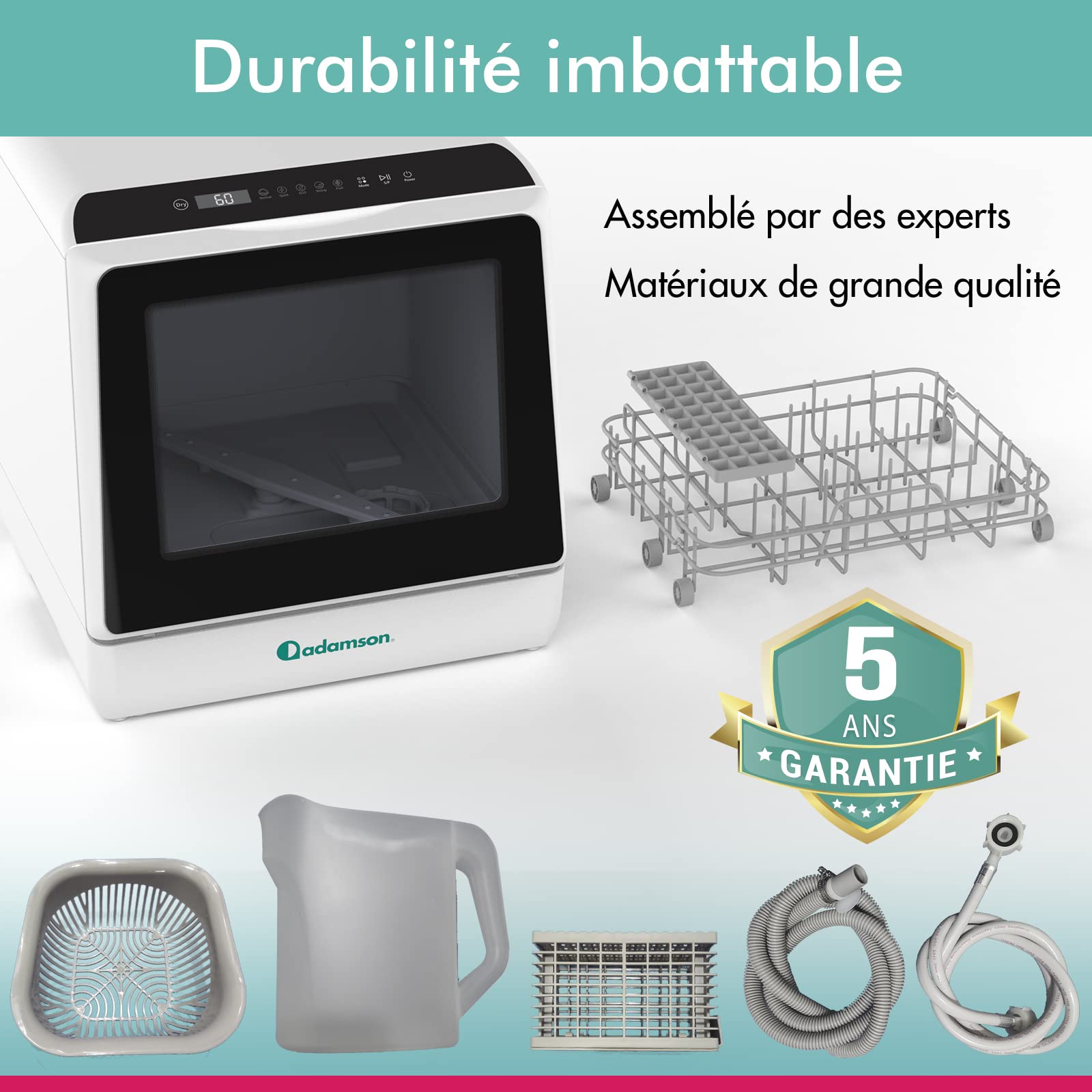 Mini Lave-vaisselle Portable Adamson A30 - Nouveauté - Parfait pour Appartement ou Camping-car - Sans Arrivée d'Eau avec 5 Programmes et Jet Haute Pression - Garanti 5 Ans