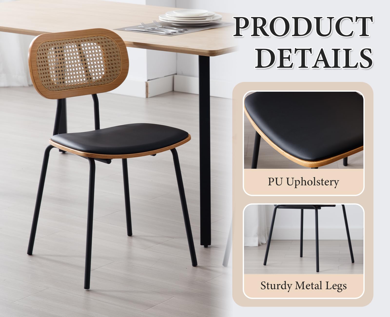 Ya-Home Rattan Esszimmerstühle 2er Set Rattanstuhl mit Metallbeinen Küchenstuhl aus Kunstleder Polsterstuhl für Esszimmer, Schwarz