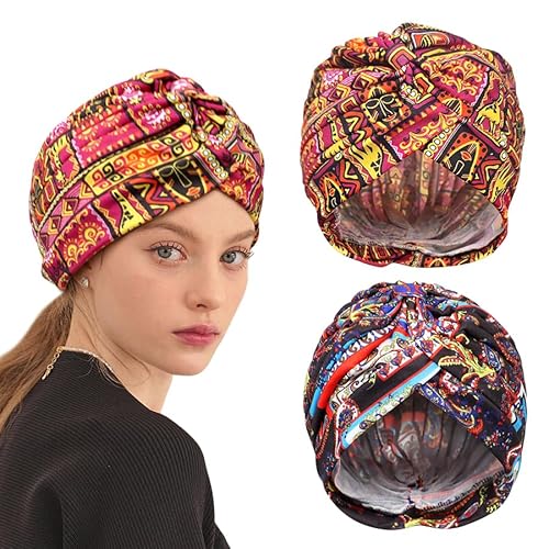 African Women Turban Caps - 4Pcs Pre-Tied Knot & Twisted Headwraps, Boho Colorful Stretch Headscarves, Beanie Bonnet for Chemo Cancer Headwear & Daily Fashion