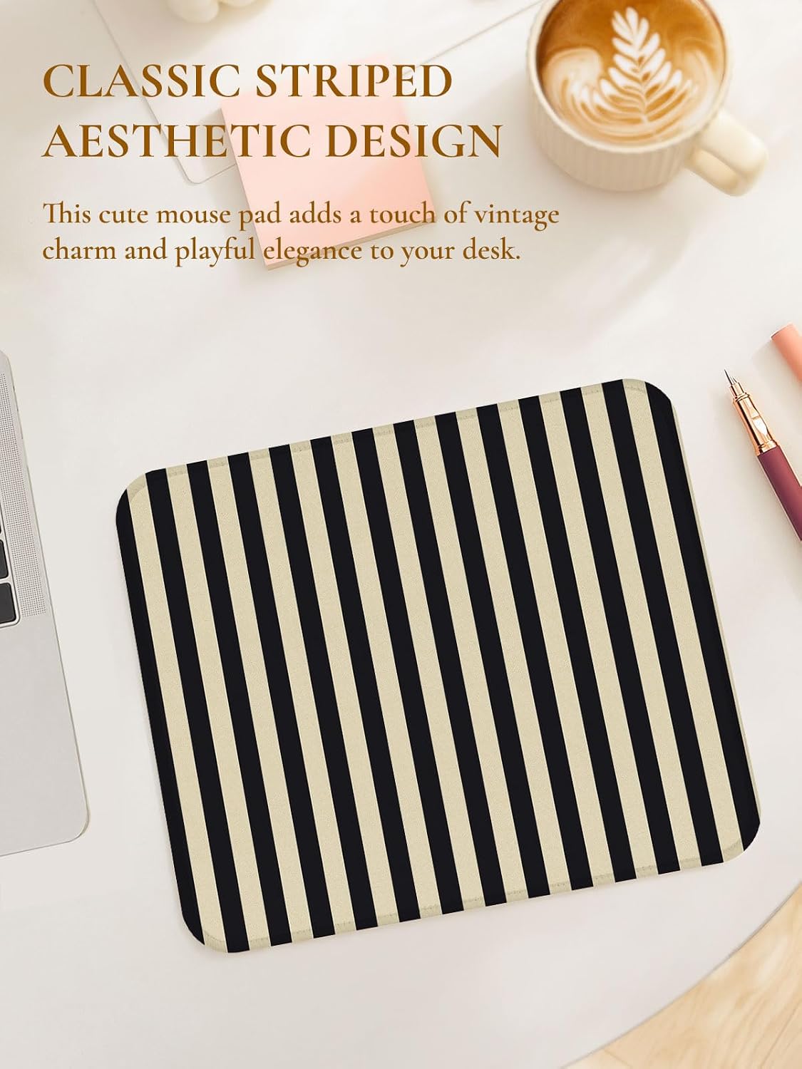 Square Cute Striped Mouse Pad with Stitched Edge, Premium Waterproof Cloth Aesthetic Small Stripe Mouse Mat, Non-Slip Rubber Base Funny Mousepad Desk Accessories,Striped Black Grey image 2