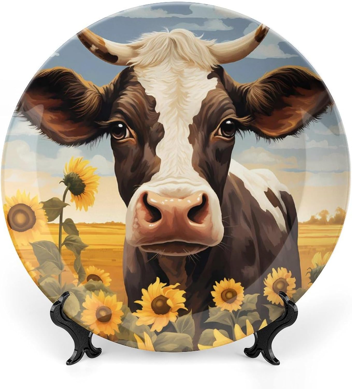 Farmhouse Cow Decorative Plate Round Ceramic China Plates with Display Stand for Home Wall Decor