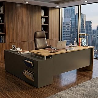 FFO Executive L-Shaped Office Desk with Storage Cabinet | Premium Wooden Manager Table for Home & Office | Large Workstati... Price In India
