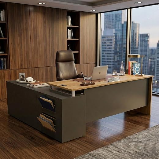 FFO Executive L-Shaped Office Desk with Storage Cabinet | Premium Wooden Manager Table for Home &amp; Office | Large Workstati...