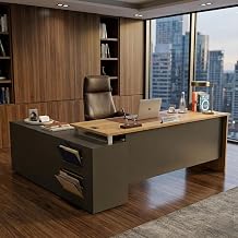 FFO Executive L-Shaped Office Desk with Storage Cabinet | Premium Wooden Manager Table for Home & Office | Large Workstation with Drawers & Cupboard | Modern Boss Desk (Black & Coach Wood)