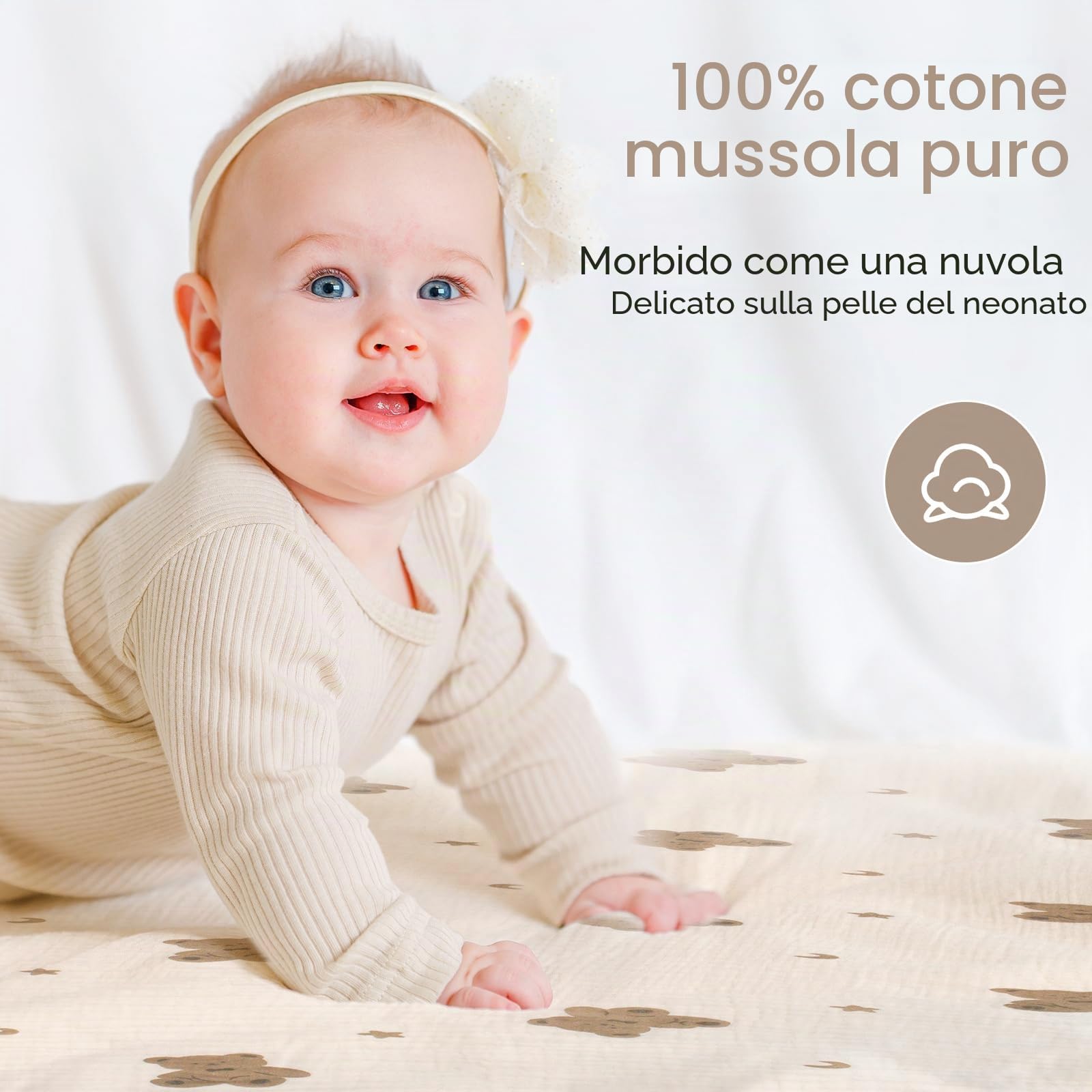 Panni di garza per neonati, 100% cotone, 60 x 60 cm, assorbenti e traspiranti, in mussola, set da 5 pezzi, per neonati, ragazzi e ragazze, orso marrone