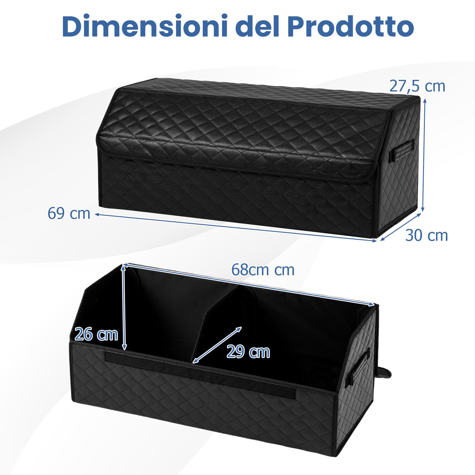 COSTWAY Organizer Bagagliaio Auto, Organizer Baule Auto in Pelle con Coperchio e Divisorio Rimovibile, 51 L, Organizzatore Pieghevole per SUV, Berlina, Campeggio e Casa (Finitura trapuntata)
