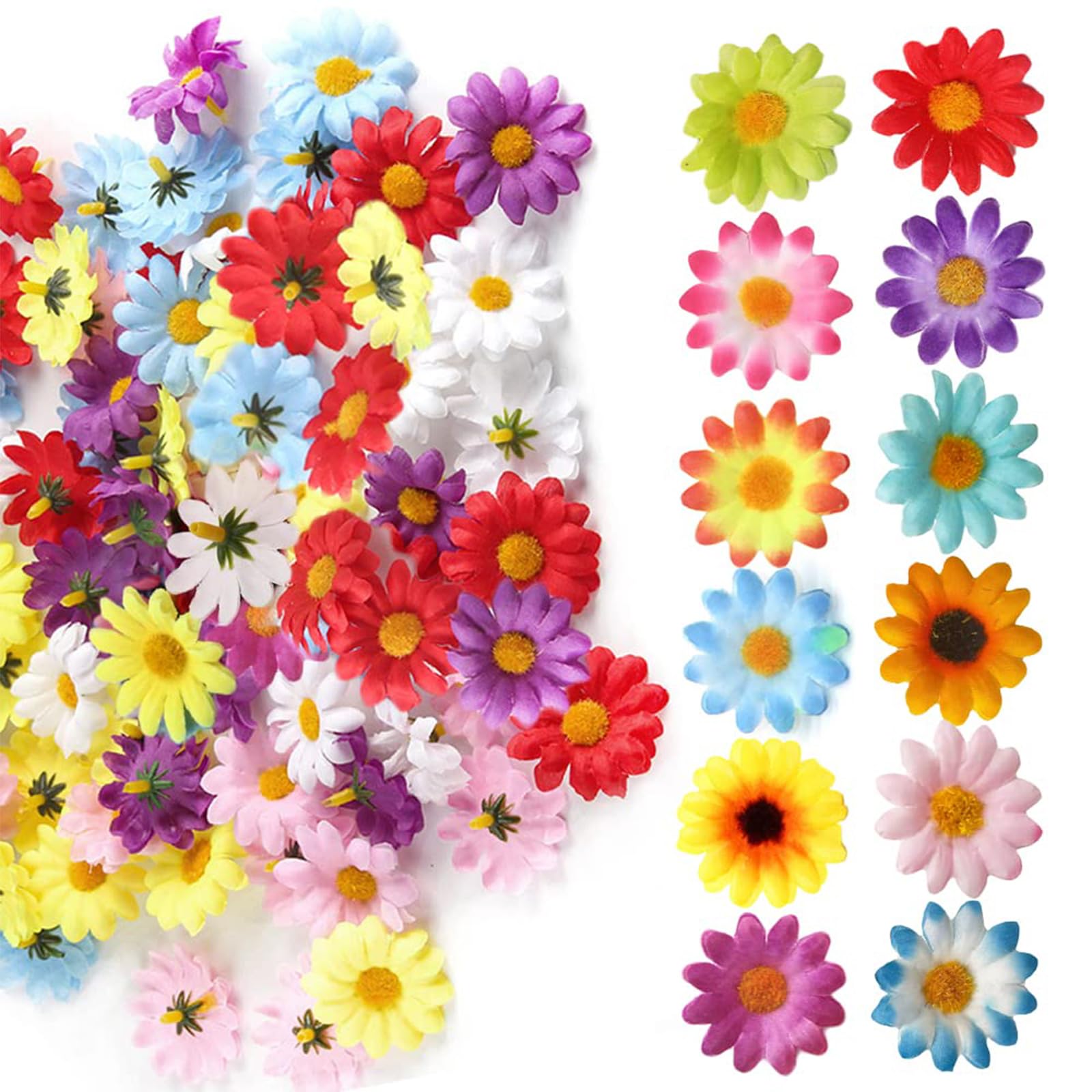 100PCS Artificial Daisy Flower Heads, Craft Fake flower Decoration, Mini Silk Flowers Head Multi-color Small Faux Flowers Heads for DIY Craft Bridal Hair Clips, Wreath Wedding Party Table Decoration