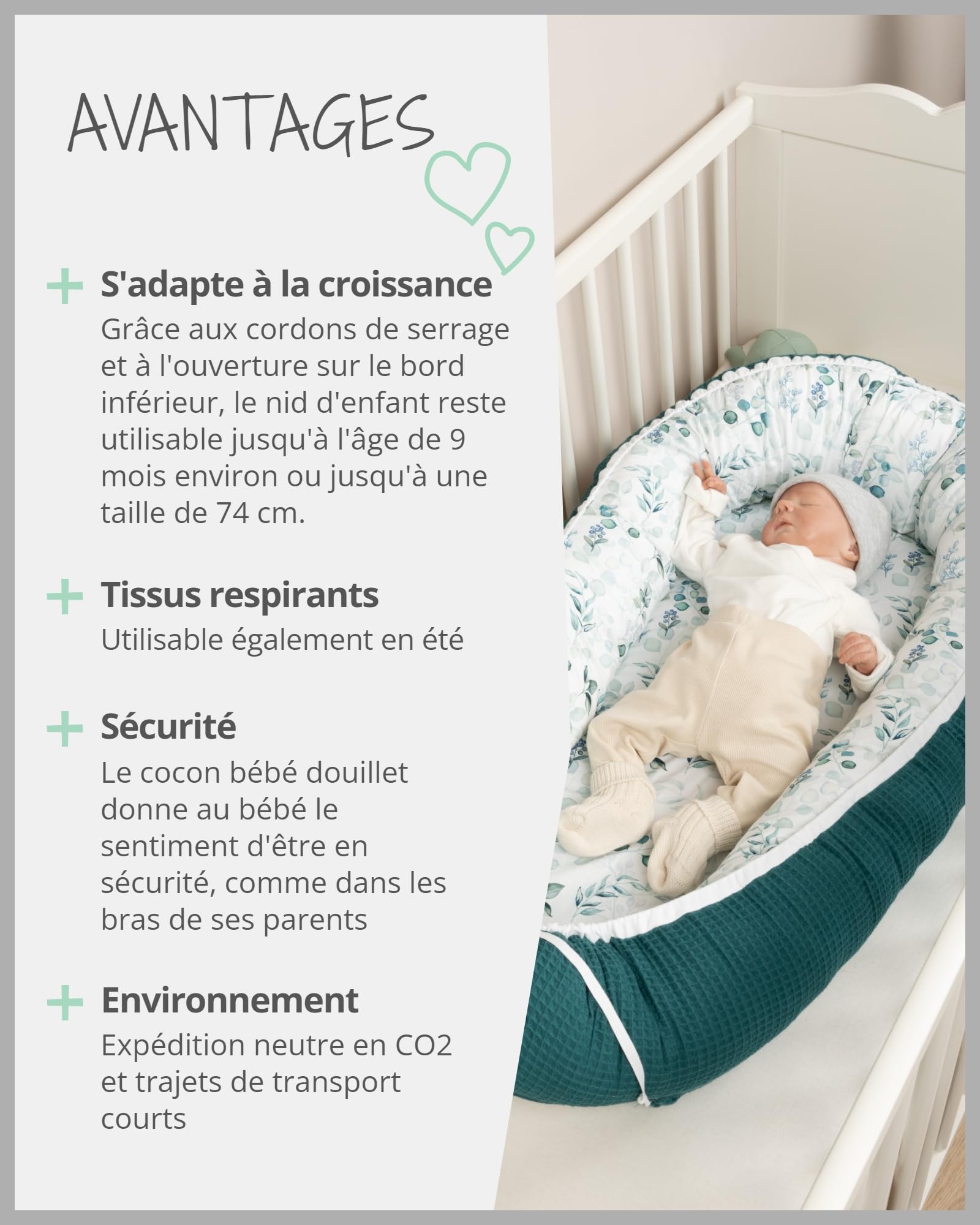 Réducteur lit bébé ULLENBOOM Eucalyptus pétrole - 95x55 cm - Nid d’ange bébé Öko-Tex et fabriqué dans l'UE - motif baleines bleues – en coton douillet, convient comme lit de voyage ou cale bébé