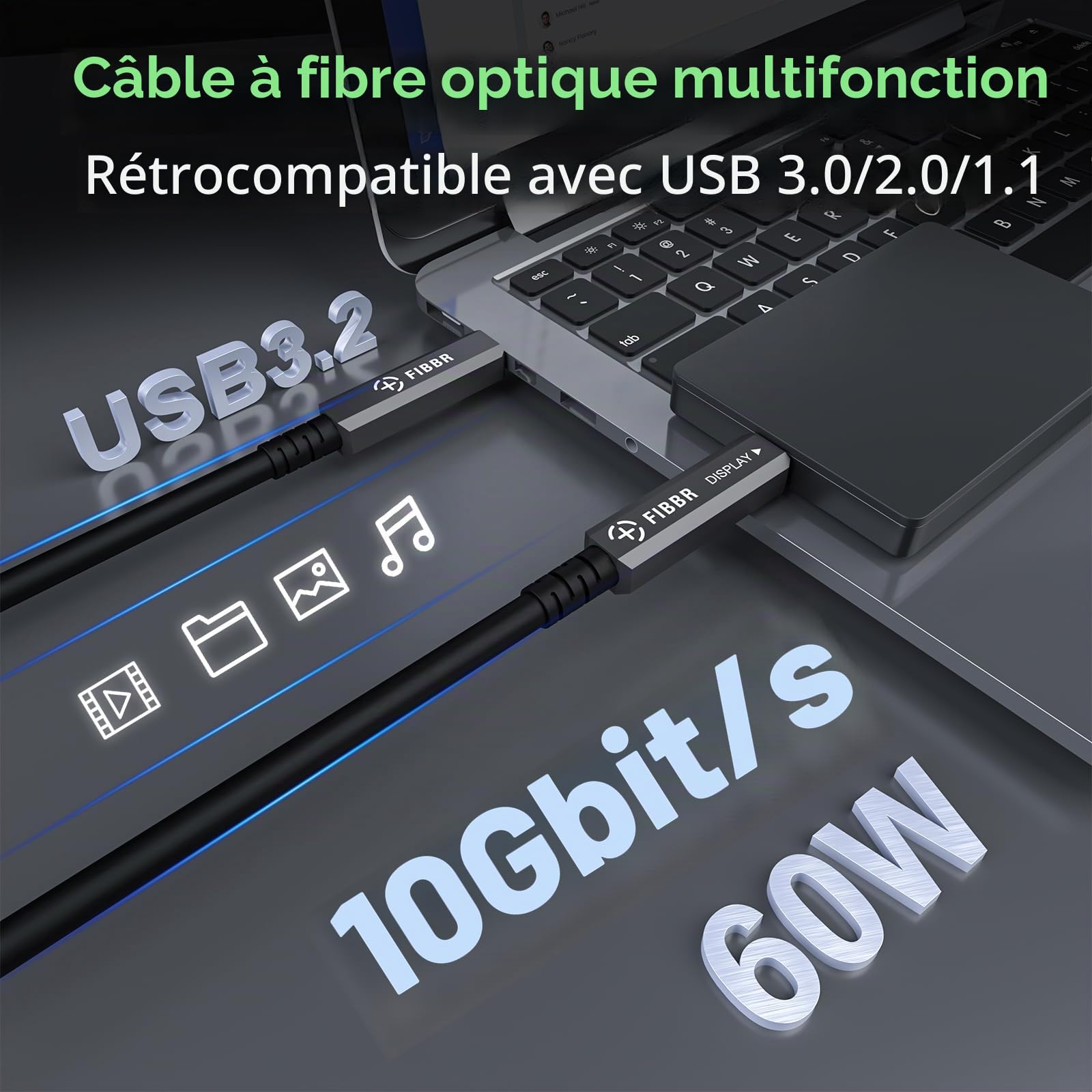 FIBBR 3 en 1 USB Câble 10M, Câble USB C vers USB C de 10 Gbps, 8K USB 3.2 GEN2 Câble, PD 60W pour la Vidéo à Domicile, Câblage de Surveillance, Système de Vision Industrielle, HD Vidéo