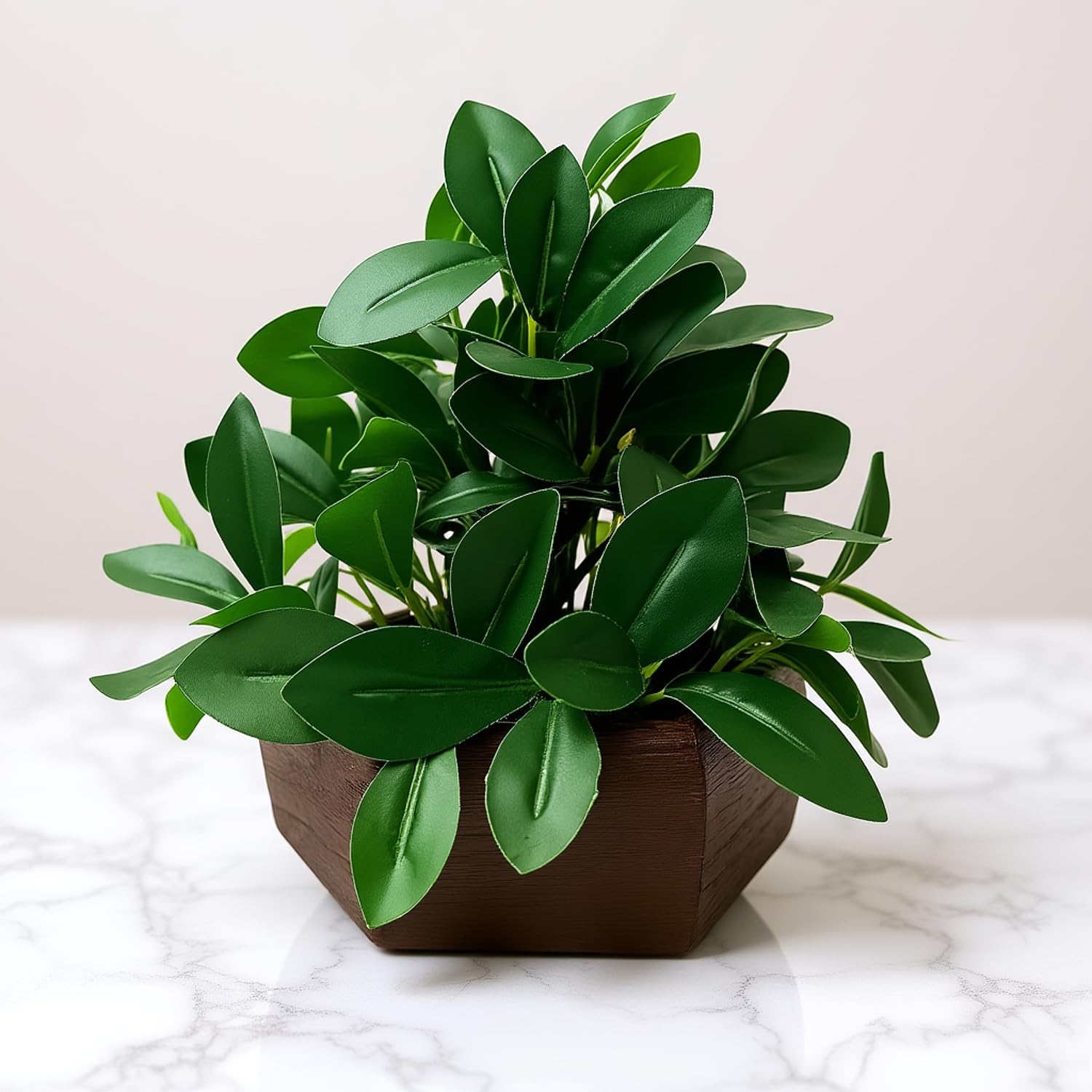 fancymart Artificial Ficus Leaves in Wood Hexagon Pot - 20cm Height - Home & Office Decor Elegant Potted Plant for Tabletop Enhancement (Pack of 1) 1