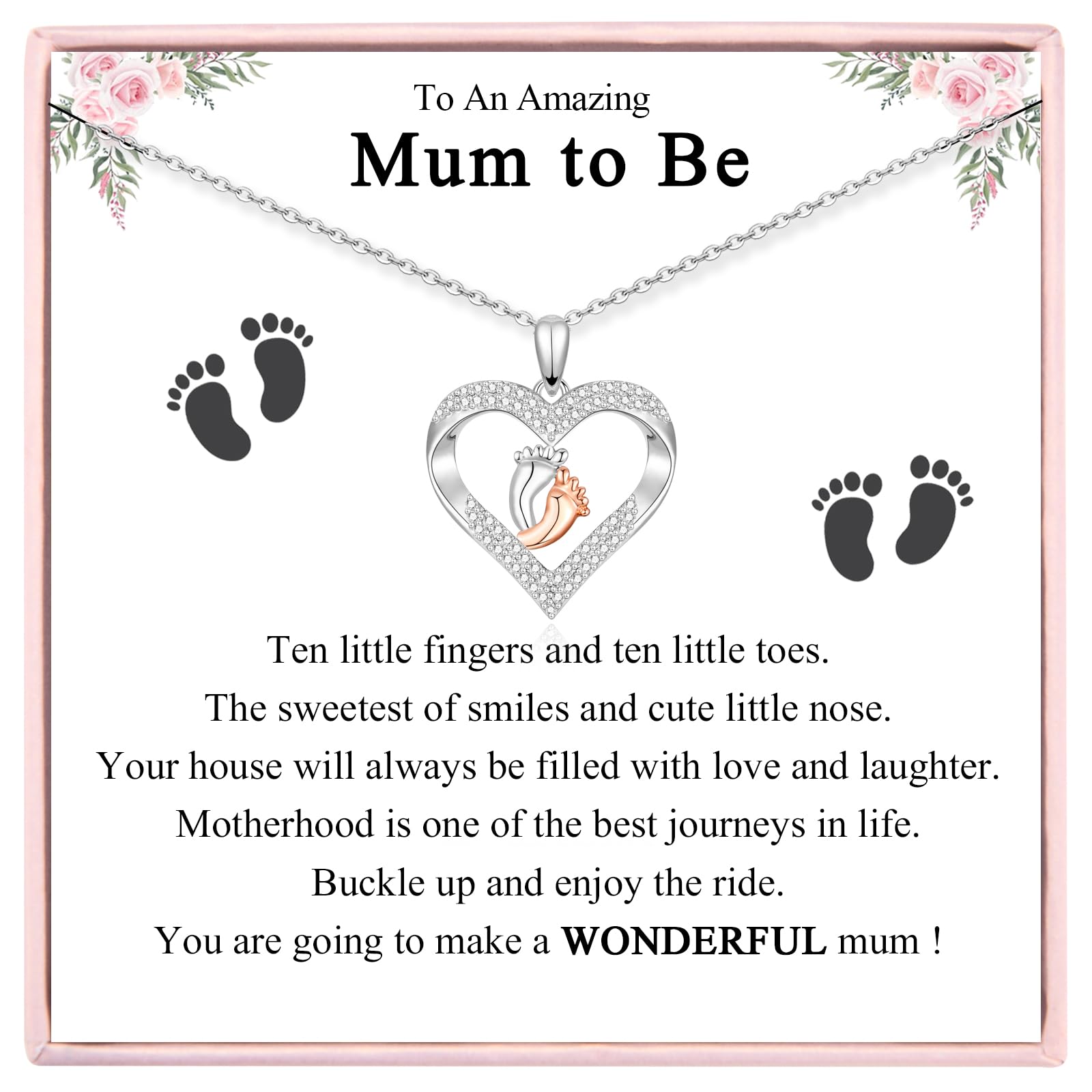 Mum To Be Gift - Pregnancy Gifts for New Mum, Silver Heart Baby Feet Necklace for Women Mummy Mother Maternity Presents Mother's Day Christmas Jewellery Idea
