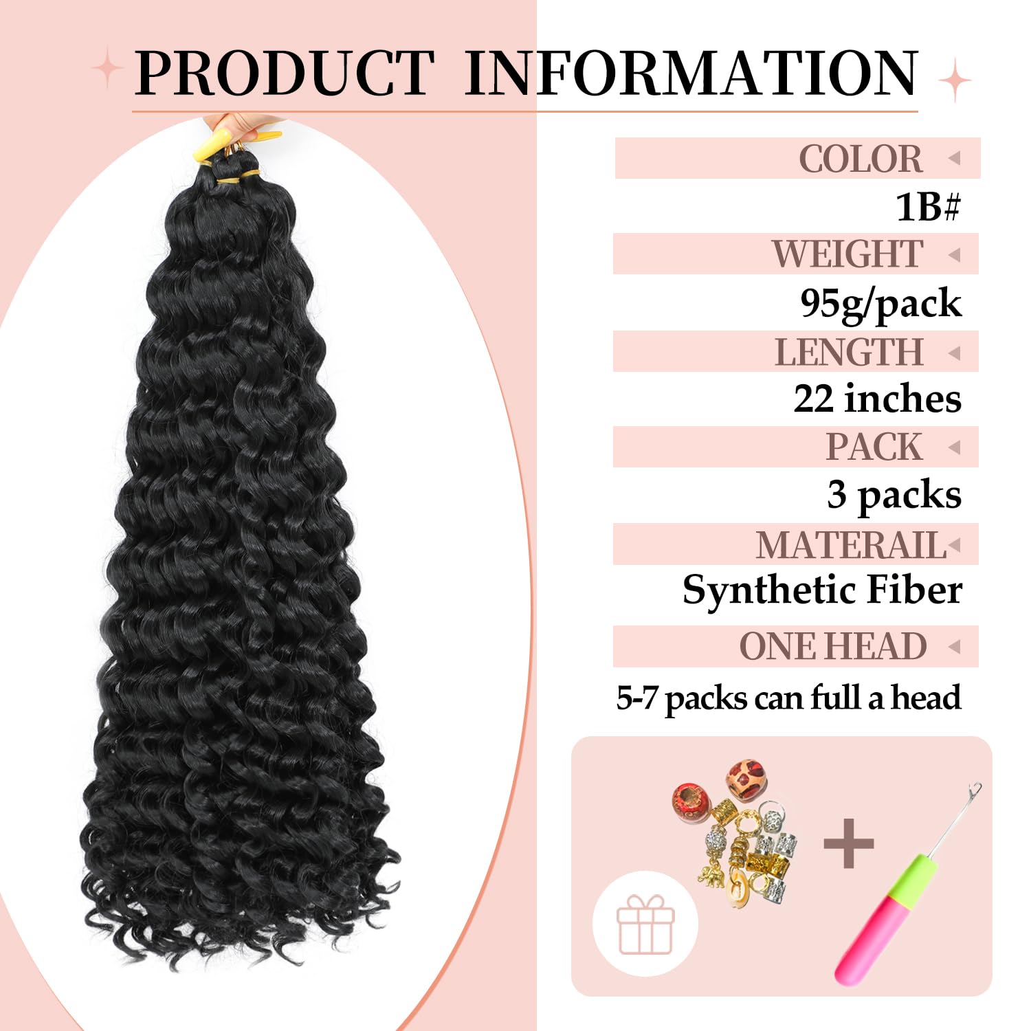 AMLUCKS Deep Wave Braiding Hair for Black Women Girls Synthetic Ocean Wave Crochet Hair Extensions for Boho Braids (1B#, 22inch-3) - Image 2