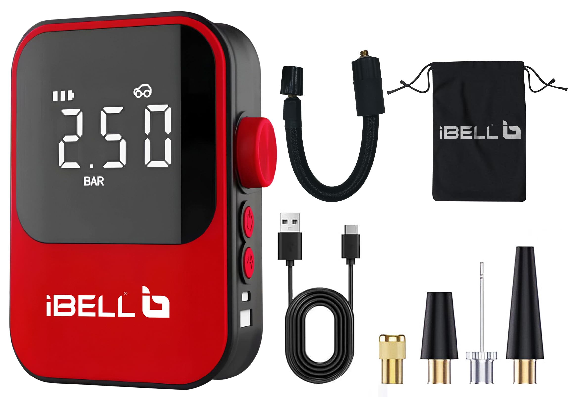 iBELL PT17-93 Cordless Tyre Inflator | 150 PSI Air Pump for Car, Bike, Balls & Balloons | Digital Display, 2000mAh Rechargeable Battery, Auto Shut-Off, LED Light & Multi-Nozzle