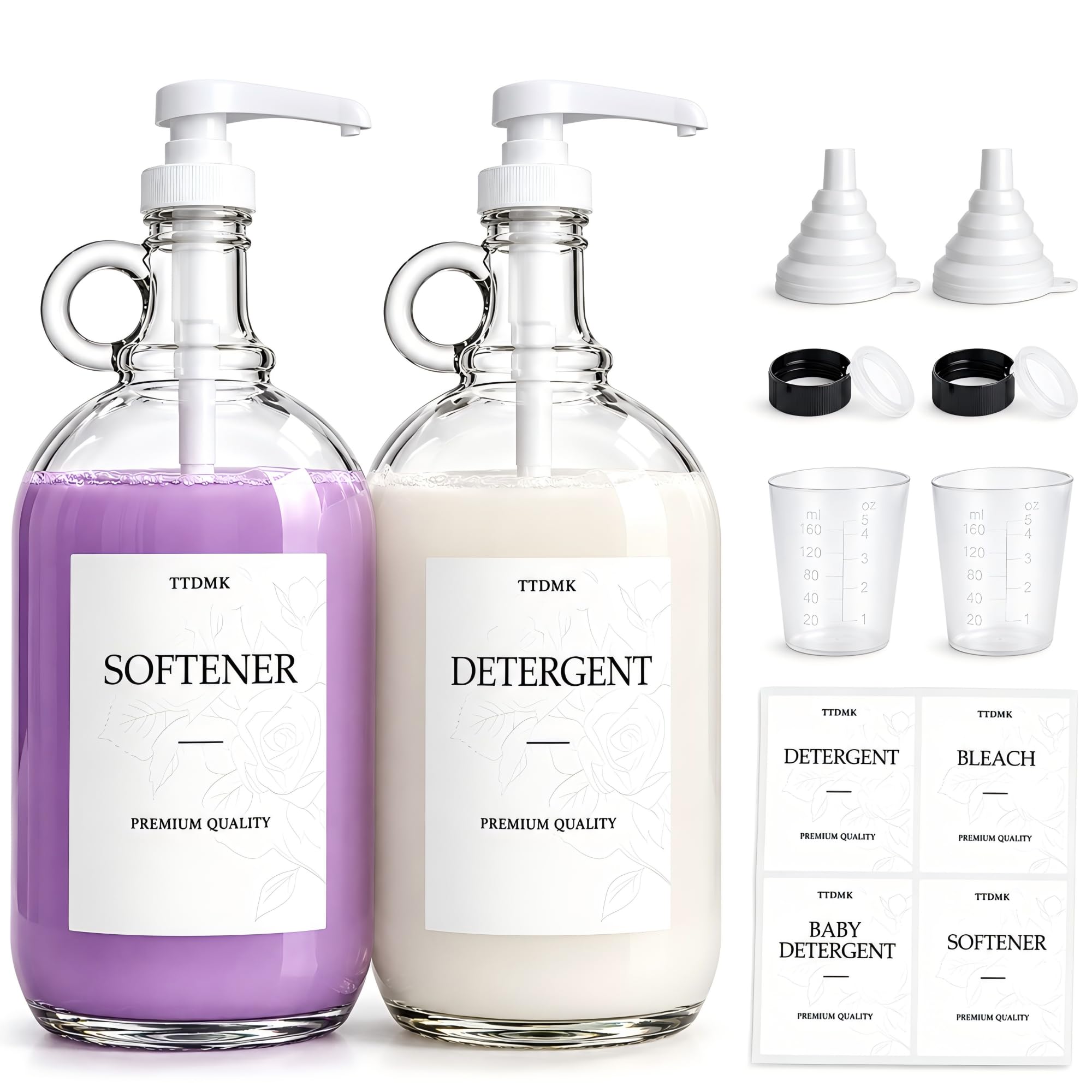 Paquete de 2 dispensadores de detergente de vidrio para ropa, botellas de medio galón de 64 onzas | Incluye bombas, etiquetas impermeables, embudos y tazas medidoras. Ideal para organizar detergente para ropa y suavizante.