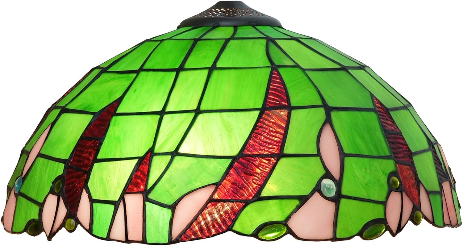 Tiffany Stained Glass Lamp Shade 16 Inch Green Beads Ceiling Light Shade Dome Vintage Large Replacement Lampshade for Floor Lamps Table Lamp Pendant Light Home Office Deco