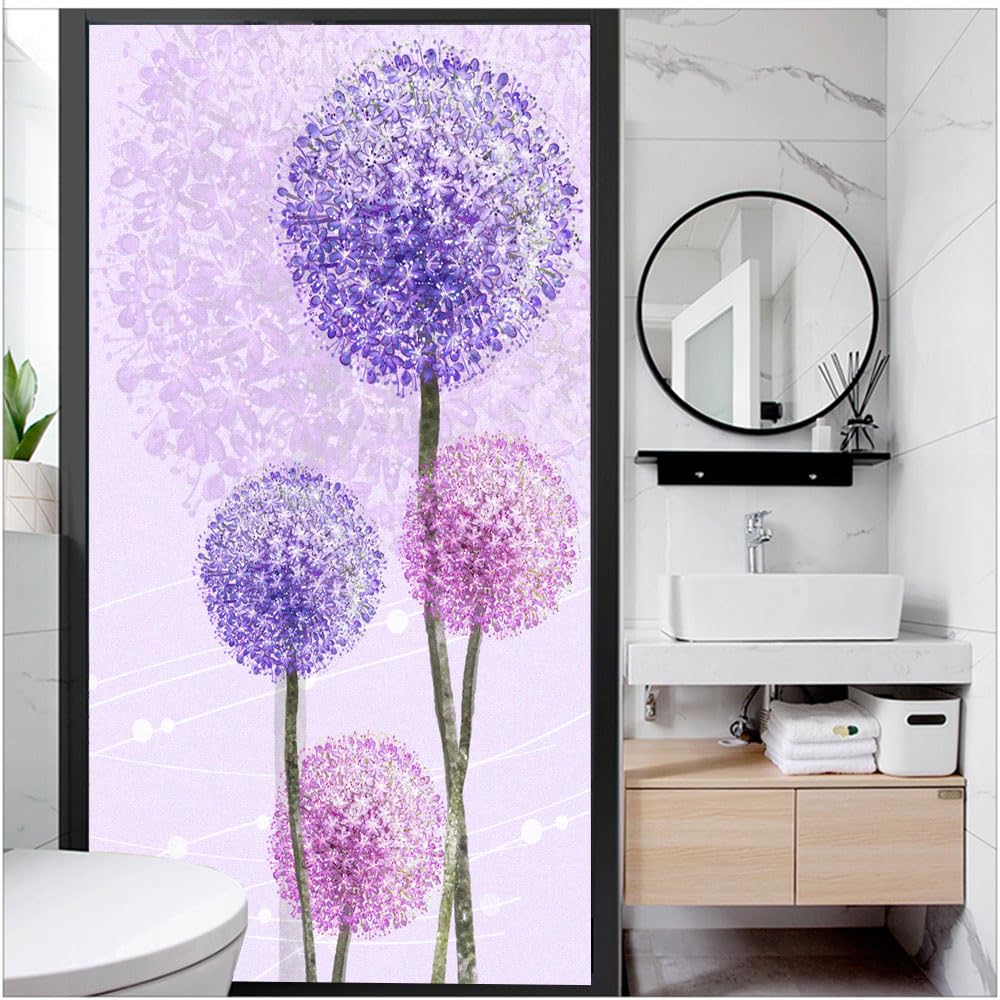 Privacy Window Film Anti UV Blocking Heat Control Static Cling Purple Dandelion Frosted Glass Window Decoration W23.6 x H47.2(60x120cm)