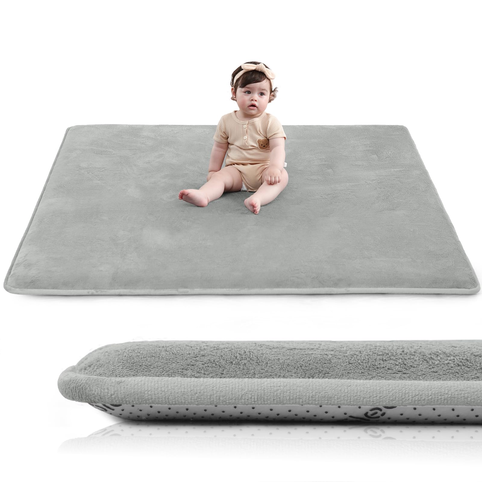Huloo Sleep Baby Play Mat for Floor,1.3" Thick Elasti-Foam 50"×50" Playpen Mat for Tummy Time,Water Repellent Soft Coral Velvet for Toddler,Infant,