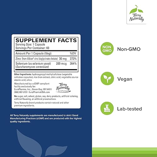 Miniatura 2 de Terry Naturally Zinc Plus Selenio - Suplemento de salud inmune y respiratoria - Suplemento mineral con quelato de bisglicinato de zinc - Fórmula con
