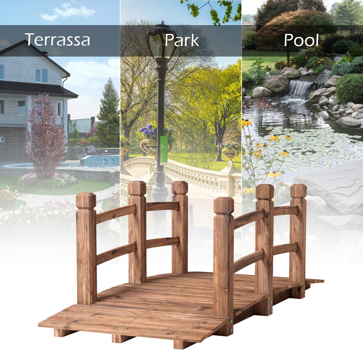 DREAMADE Holzbrücke für Garten/Dekoration, Teichbrücke aus massivem Holz, Dekobrücke Zierbrücke Gartenbrück mit Geländer