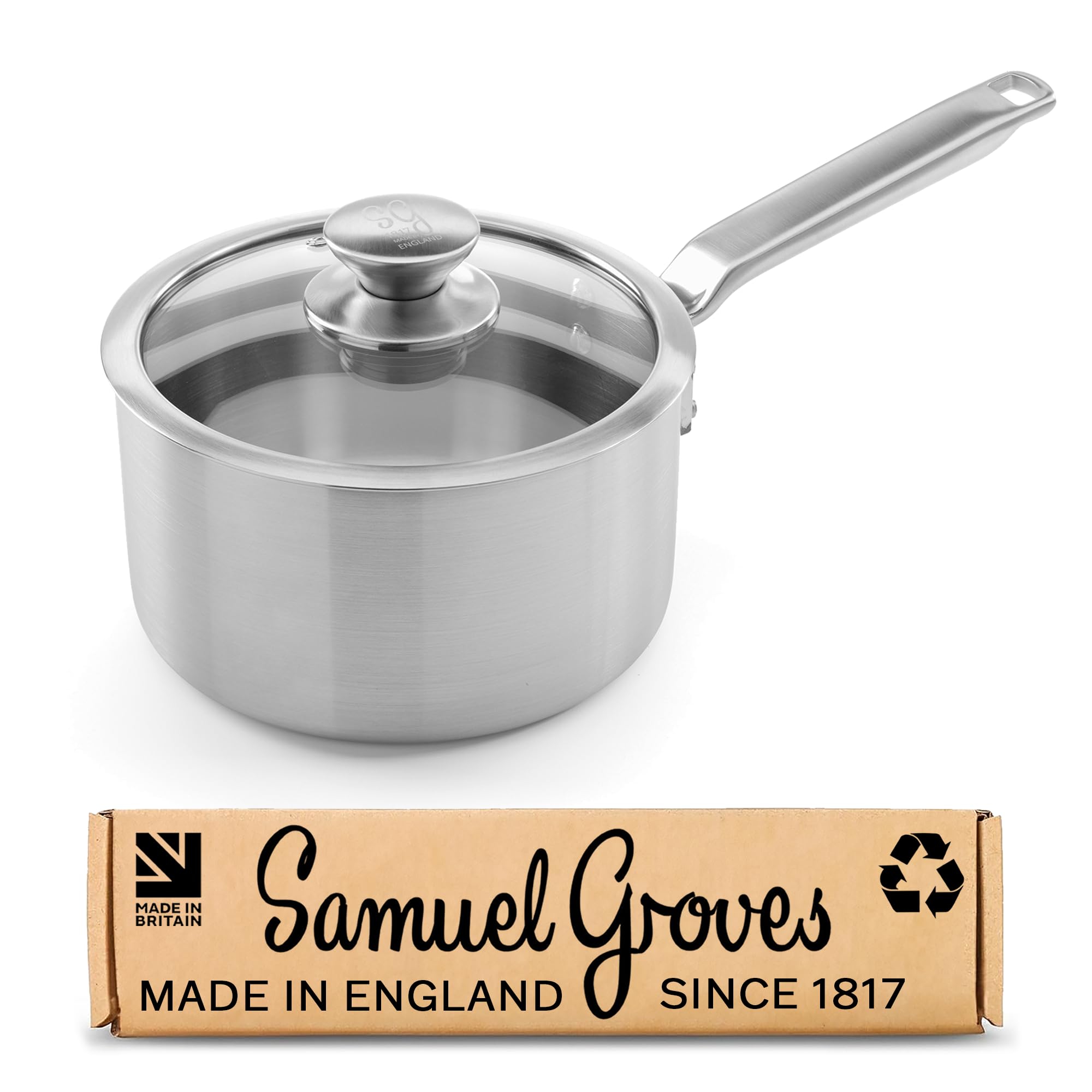 Samuel Groves 18cm Stainless Steel Tri-Ply Saucepan with Lid, Elegance Range Handmade in England Sauce Pan, PFAS-Free Uncoated Stainless Steel, Induction Compatible, Oven Safe Cookware