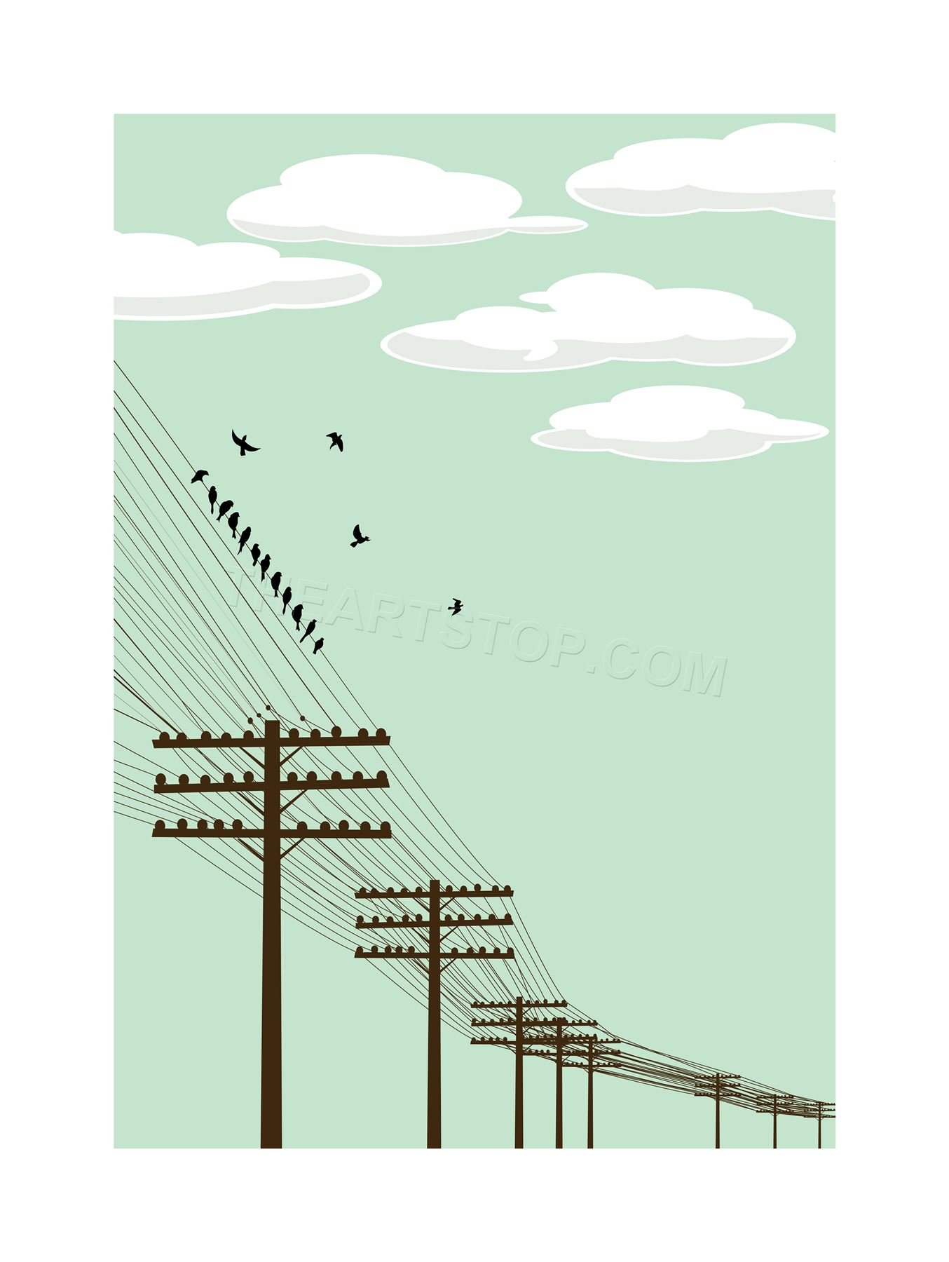Wee Blue Coo Painting Illustration Flock Birds Telegraph Poles Wire Wall Art Print