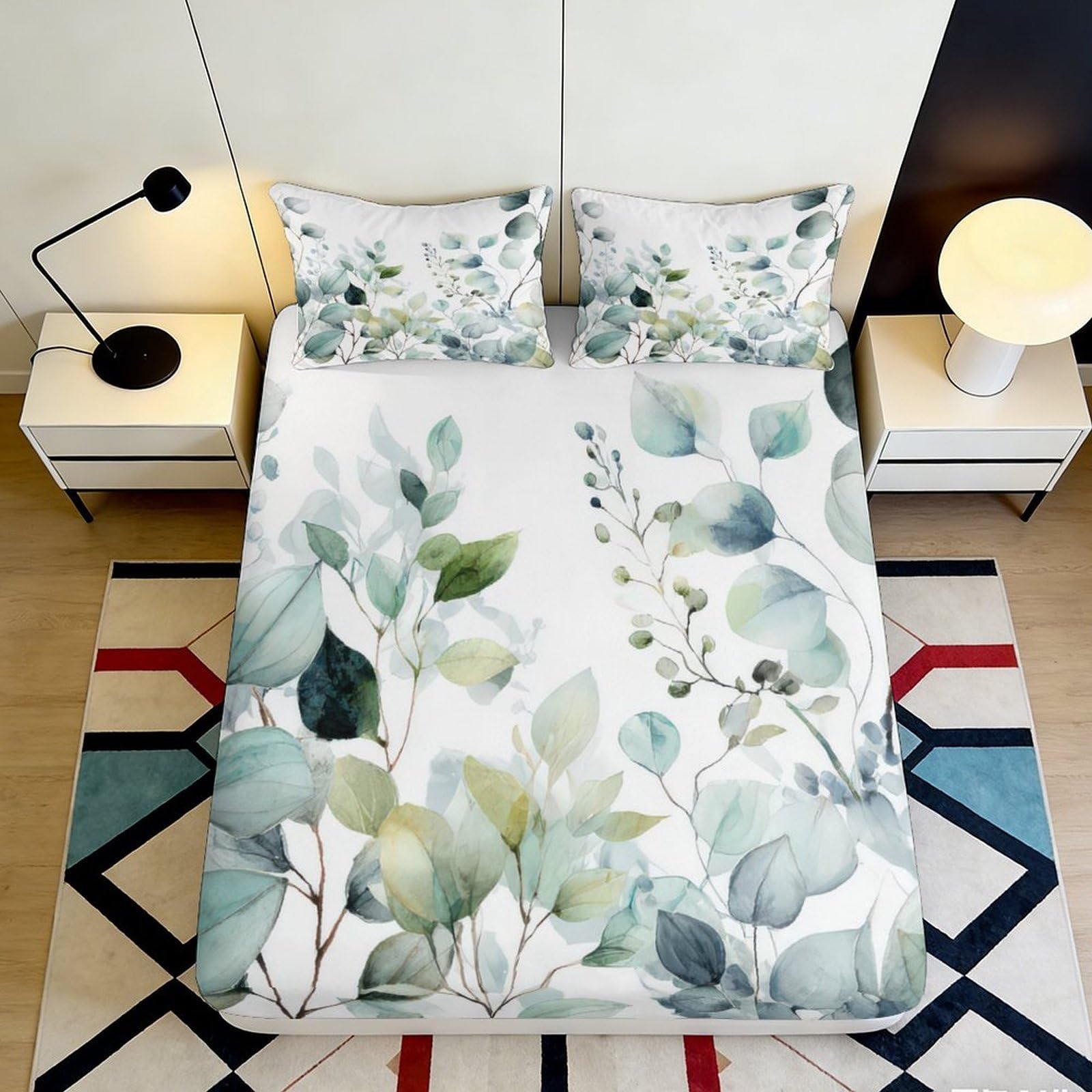3D Printed Watercolor Green Leaves Fitted Sheet Microfiber Soft Eucalyptus Bed Cover for Bedroom Guest Room Decor 200x200x25cm