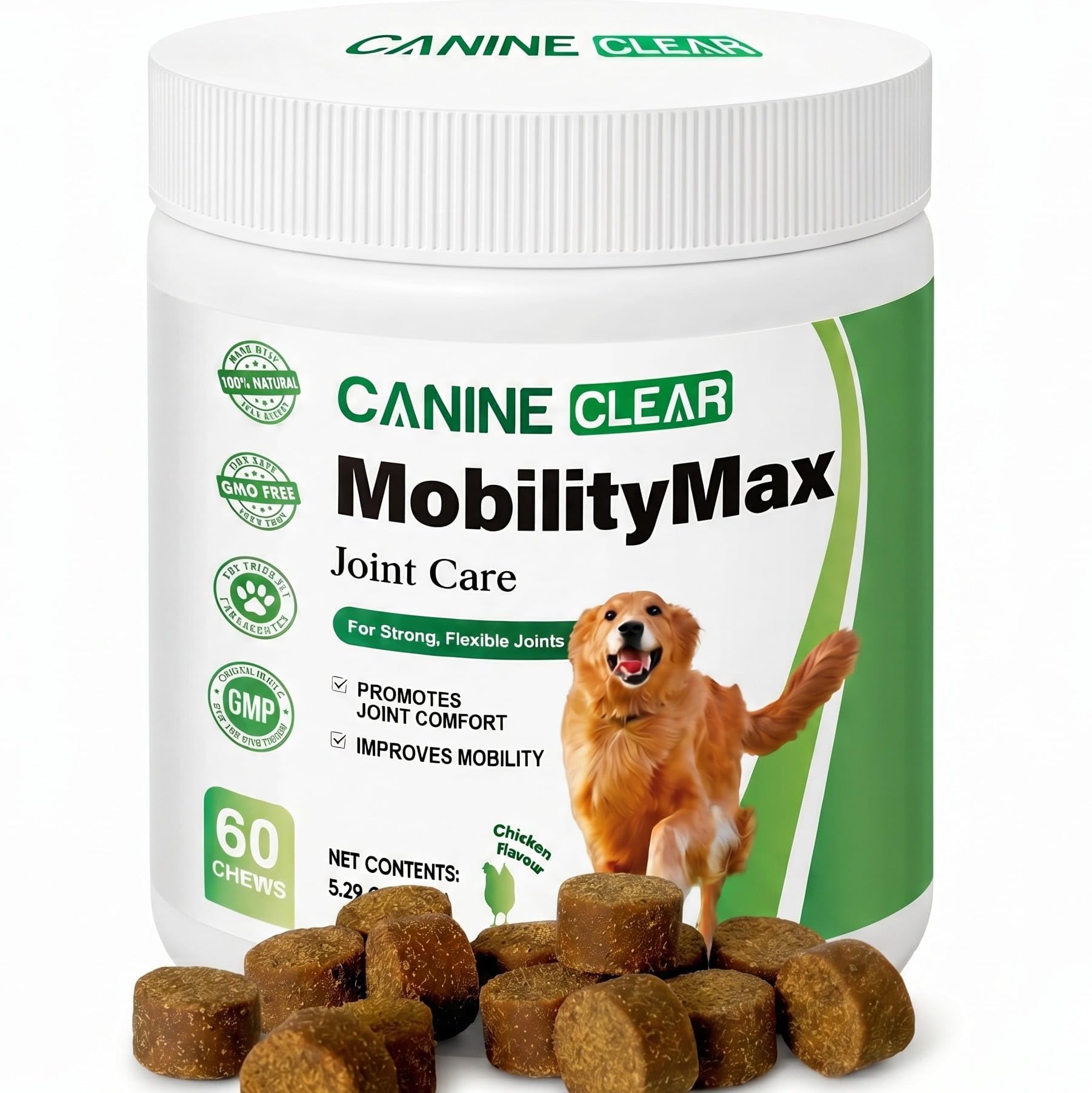 Canine Clear MobilityMax Plant-Powered Joint Supplement for Adult Dogs Aged 6+ - Hip and Joint Care with Glucosamine, Hyaluronic Acid, Turmeric and Green-Lipped Mussel - 60 Soft Chews Chicken Flavour