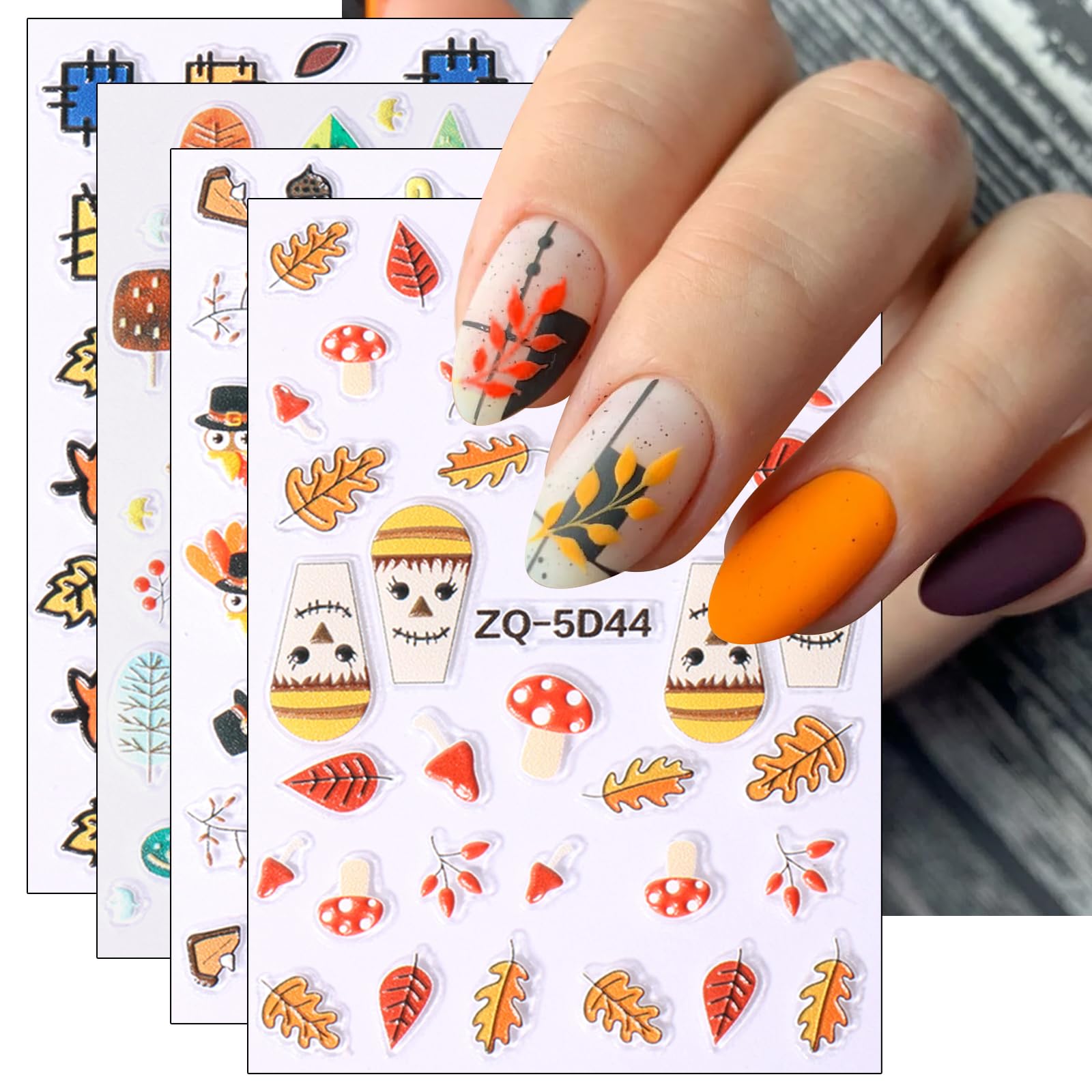 JMEOWIO 3D Embossed Fall Autumn Thanksgiving Nail Art Stickers Decals Self-Adhesive Pegatinas Uñas 5D Pumpkin Maple Leaf Pinecones Nail Supplies Nail Art Design Decoration Accessories 4 Sheets