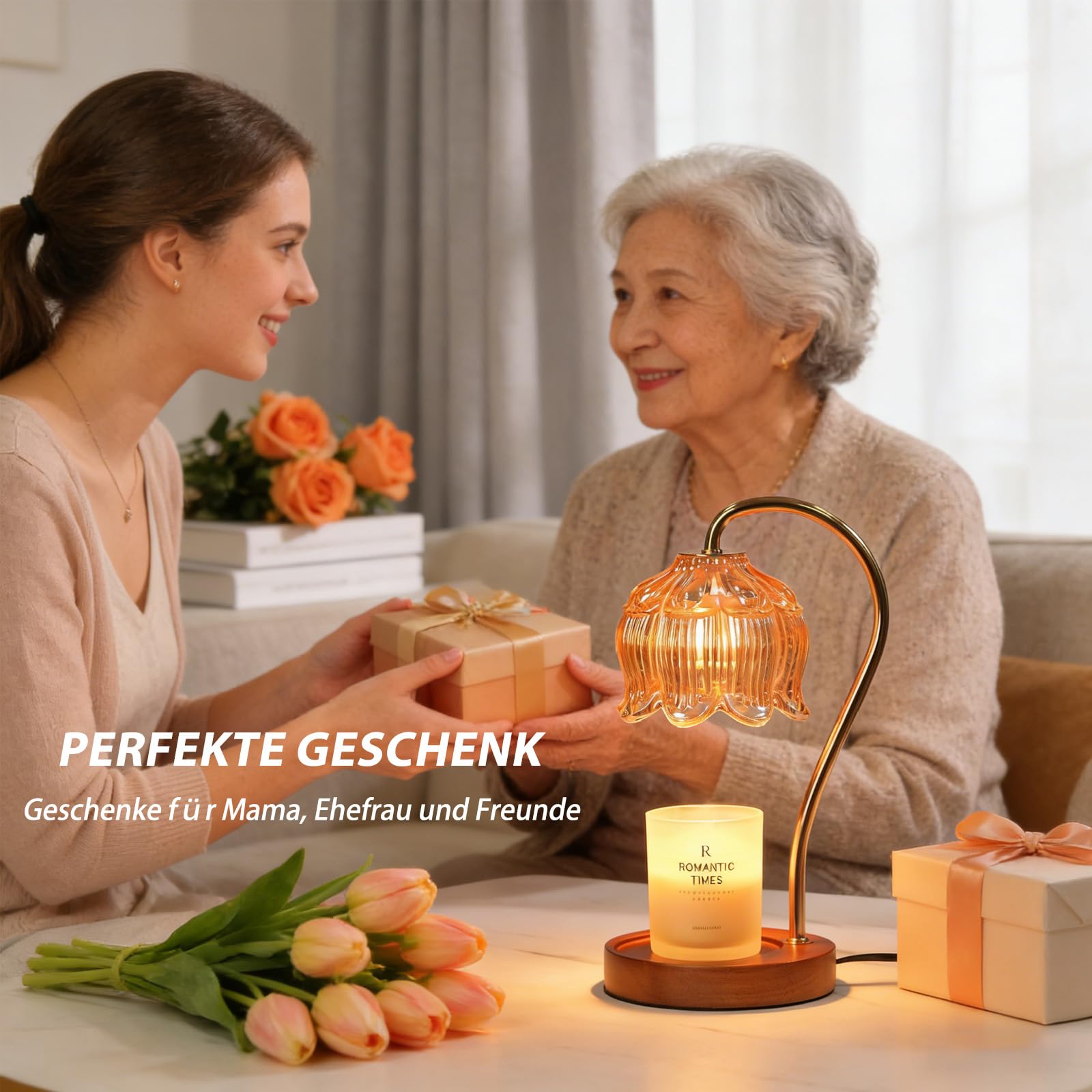 Justup Podgrzewacz świec, kwiatowa lampa do podgrzewania świec z timerem i 2 żarówkami, z regulacją wysokości, elektryczny podgrzewacz wosku, urodziny, Walentynki dla kobiet (brązowy)