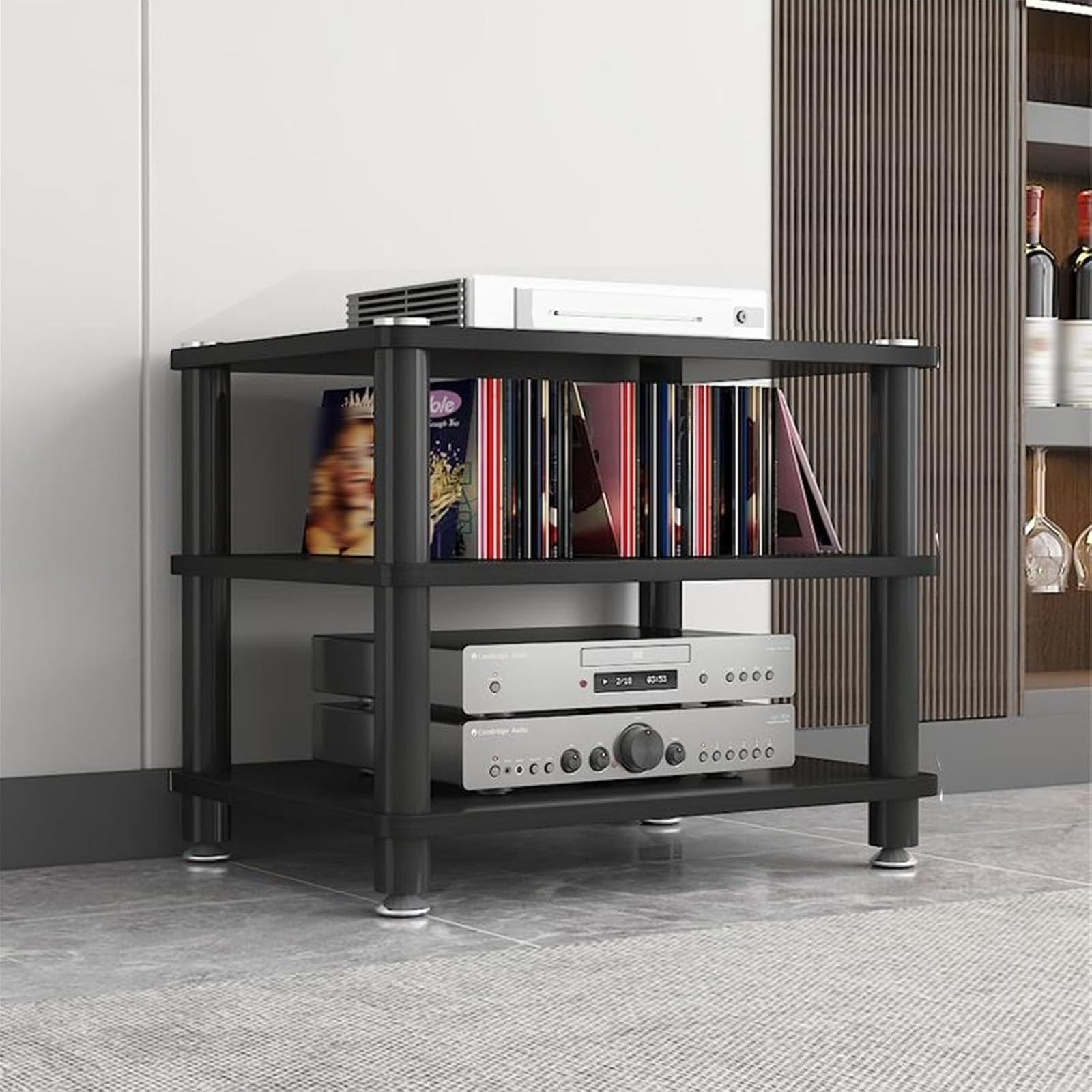 Présentoir à CD et étagère AV noire pour organiser vos appareils Hi-Fi