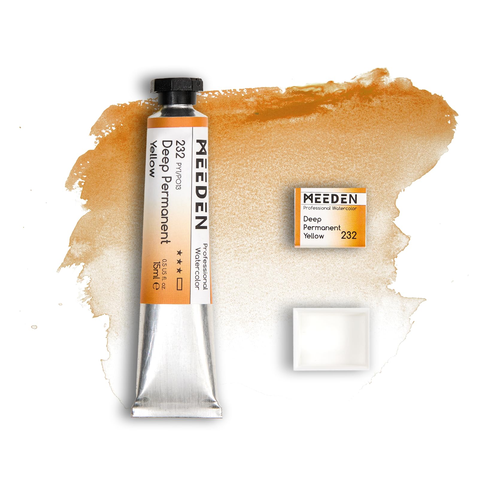 MEEDEN Professional Artist Watercolor Paint: Deep Permanent Yellow - 15ml/0.5oz Water Color Tube, Semi-Moist Pigment Half Pan and Empty Matching Half Pan for Artists Pros