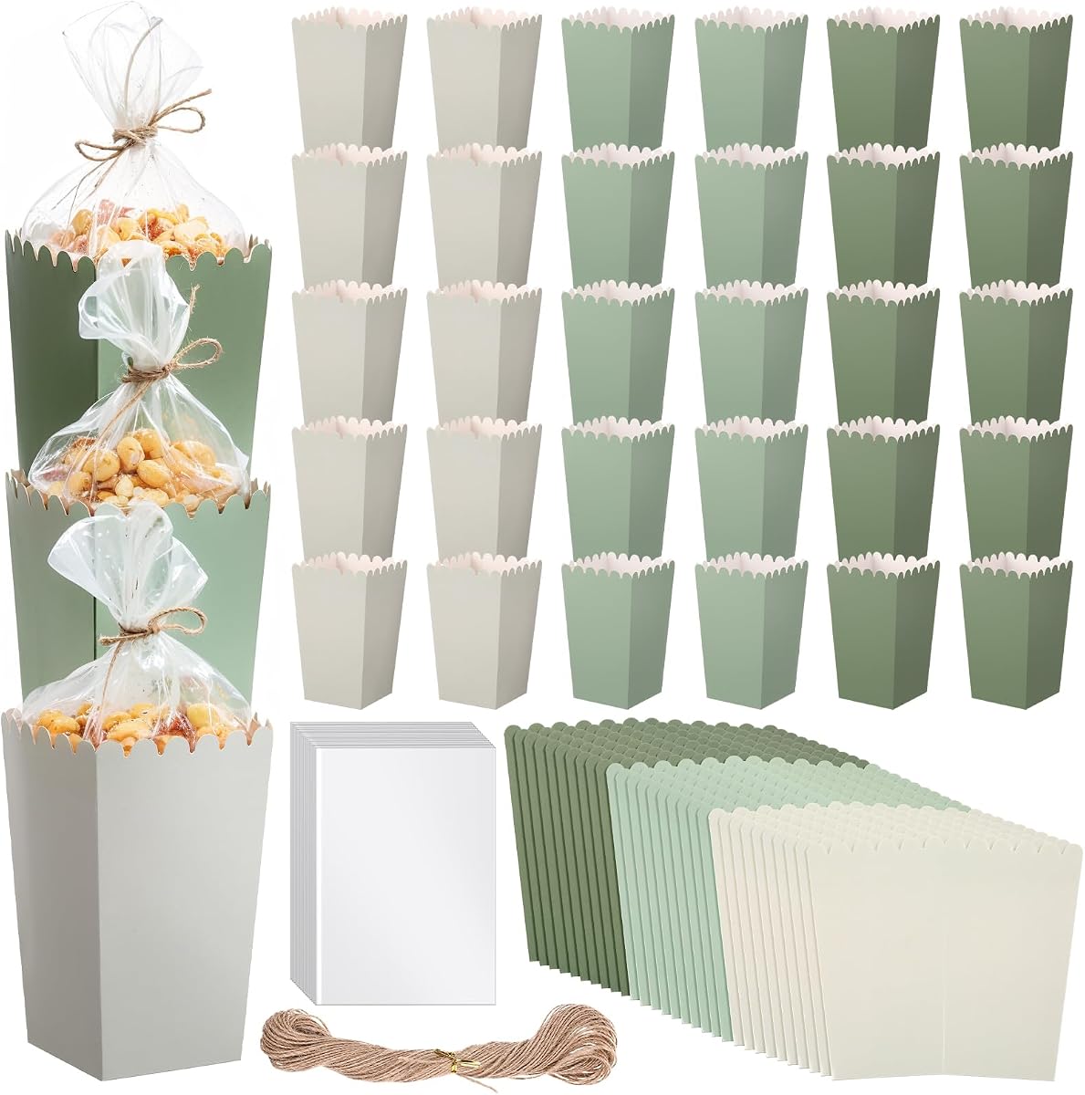 Baderke 201 Pcs Popcorn Boxes and Clear Treat Bag Set Bulk Wedding Popcorn Containers 6.7' Open Top Paper Popcorns Bag with Treat Candy Bags & Packing String for Party Movie(Gradient Sage Green)