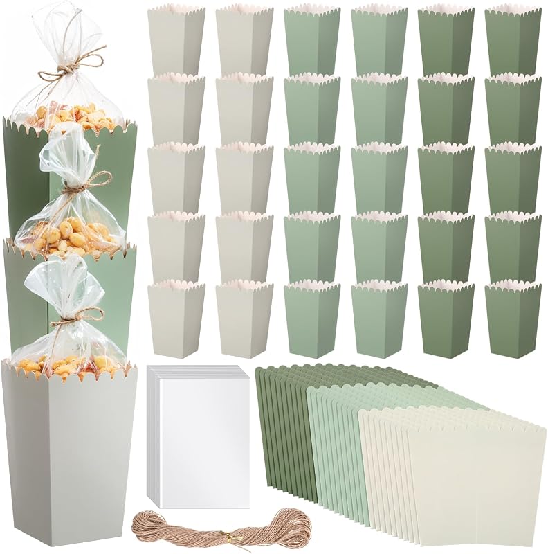 Baderke 201 Pcs Popcorn Boxes and Clear Treat Bag Set Bulk Wedding Popcorn Containers 6.7' Open Top Paper Popcorns Bag with Treat Candy Bags & Packing String for Party Movie(Gradient Sage Green)