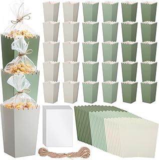 Baderke 201 Pcs Popcorn Boxes and Clear Treat Bag Set Bulk Wedding Popcorn Containers 6.7' Open Top Paper Popcorns Bag with Treat Candy Bags & Packing String for Party Movie(Gradient Sage Green)