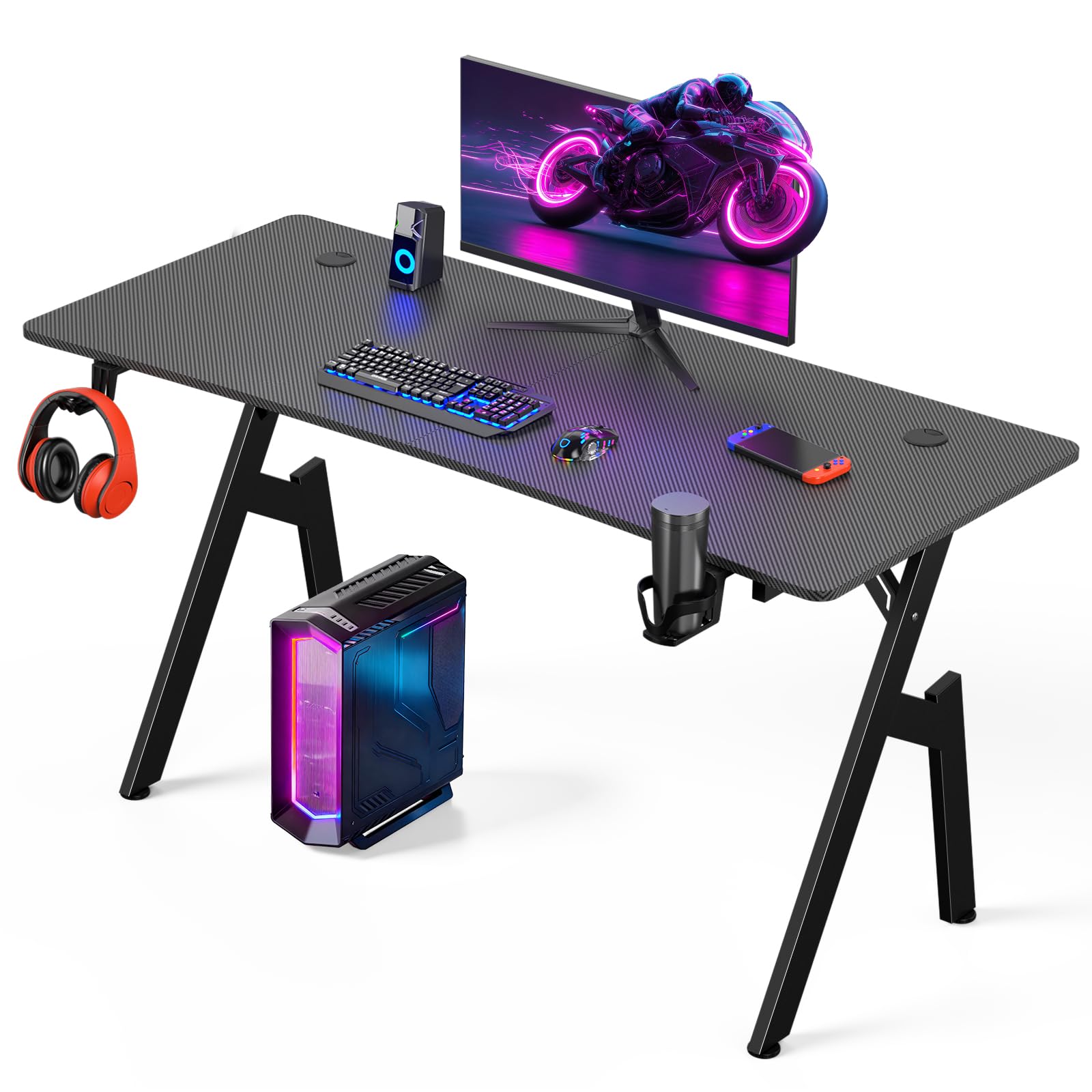 Warmiehomy Gaming Desk 140 x 60cm, Computer Desk with Headphone Hook, Black — image 1