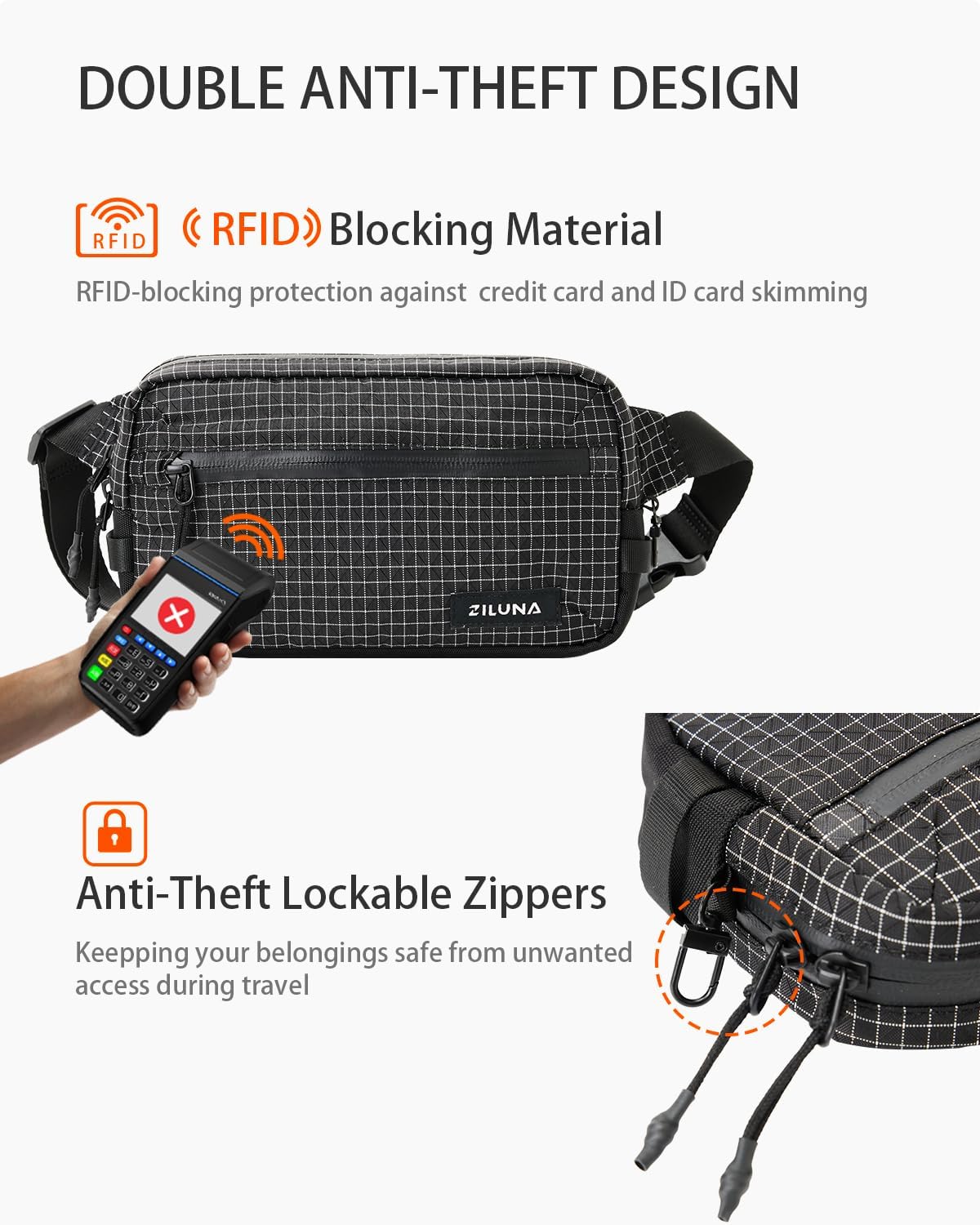 2L Sling Bag for Men & Women - Anti-Theft RFID Blocking Fanny Pack with Lockable Zippers, Water Resistant Lightweight Crossbody Bag for Travel Hiking Running Gym Walking Daily Use(Black Plaid)
