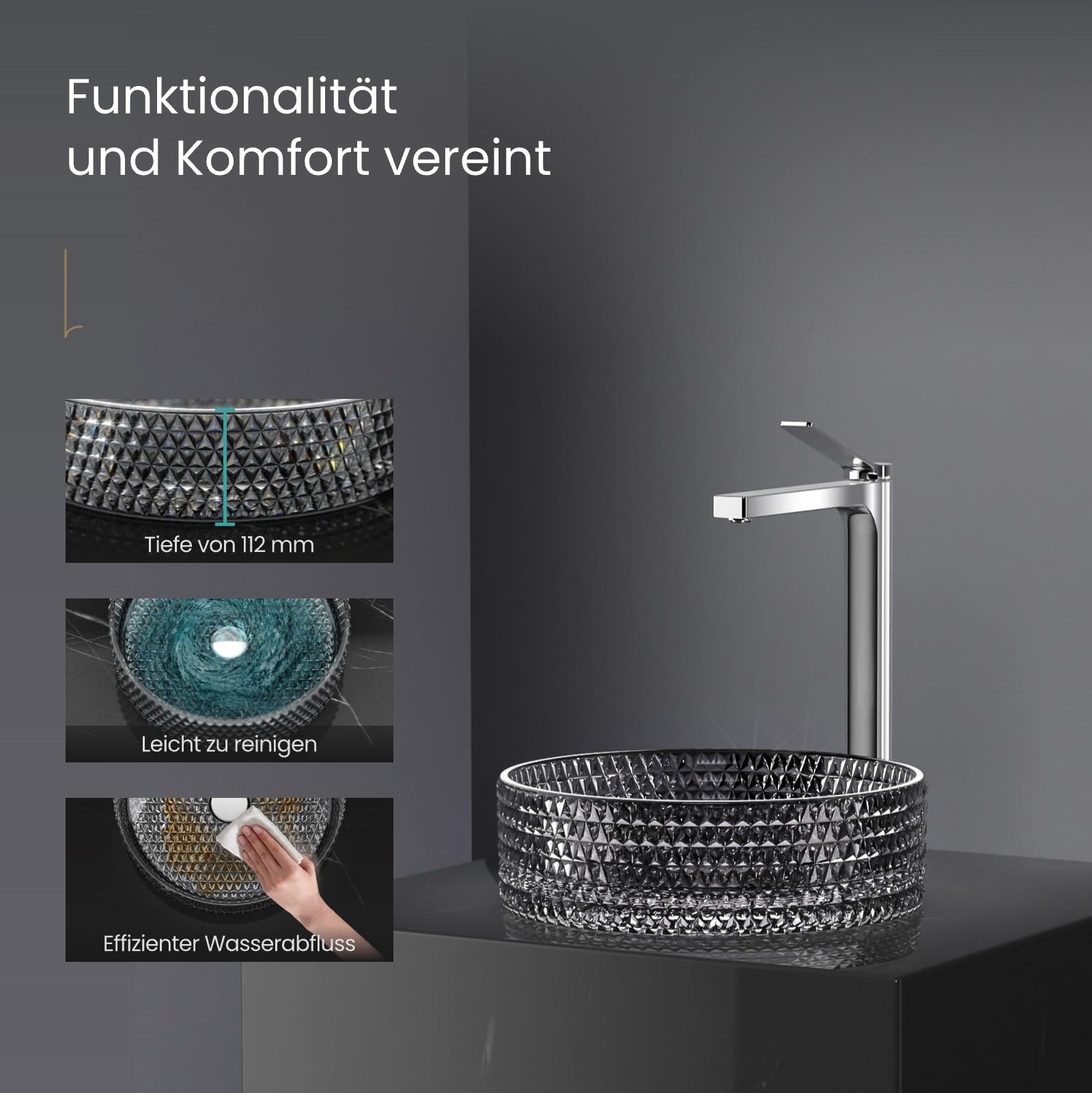 EMKE Glaswaschbecken Rund, 360 x 360 x 112mm Waschbecken, gehärtetem Bleikristallglas Aufsatzwaschbecken, Waschbecken Bad ohne Hahnloch, Waschschale, Handwaschbecken für Bad, Transparent Schwarz
