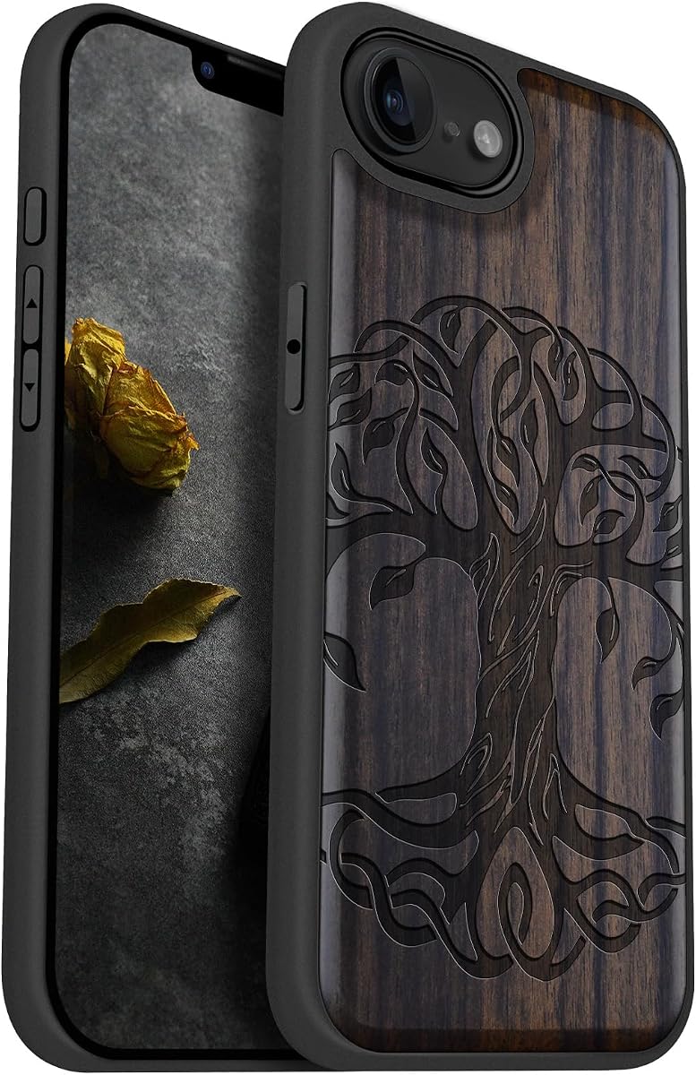 Carveit Wood Case for iPhone 16e/17e, The Celtic Tree of Life, Black | Magnetic iPhone 16e/17e Case Compatible with MagSafe Wireless Chargers, Engraved Wood with Soft TPU Shockproof Bumper