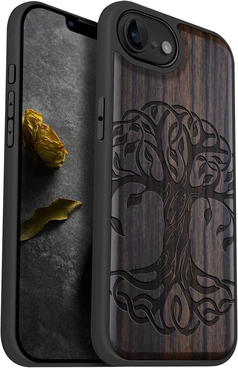 Carveit Magnetic Wooden Case for iPhone 16e / 17e, Solid Wood & TPU, Artisan Engraved Design, Shockproof Cover, Compatible with MagSafe Wireless Chargers, The Celtic Tree of Life - Blackwood