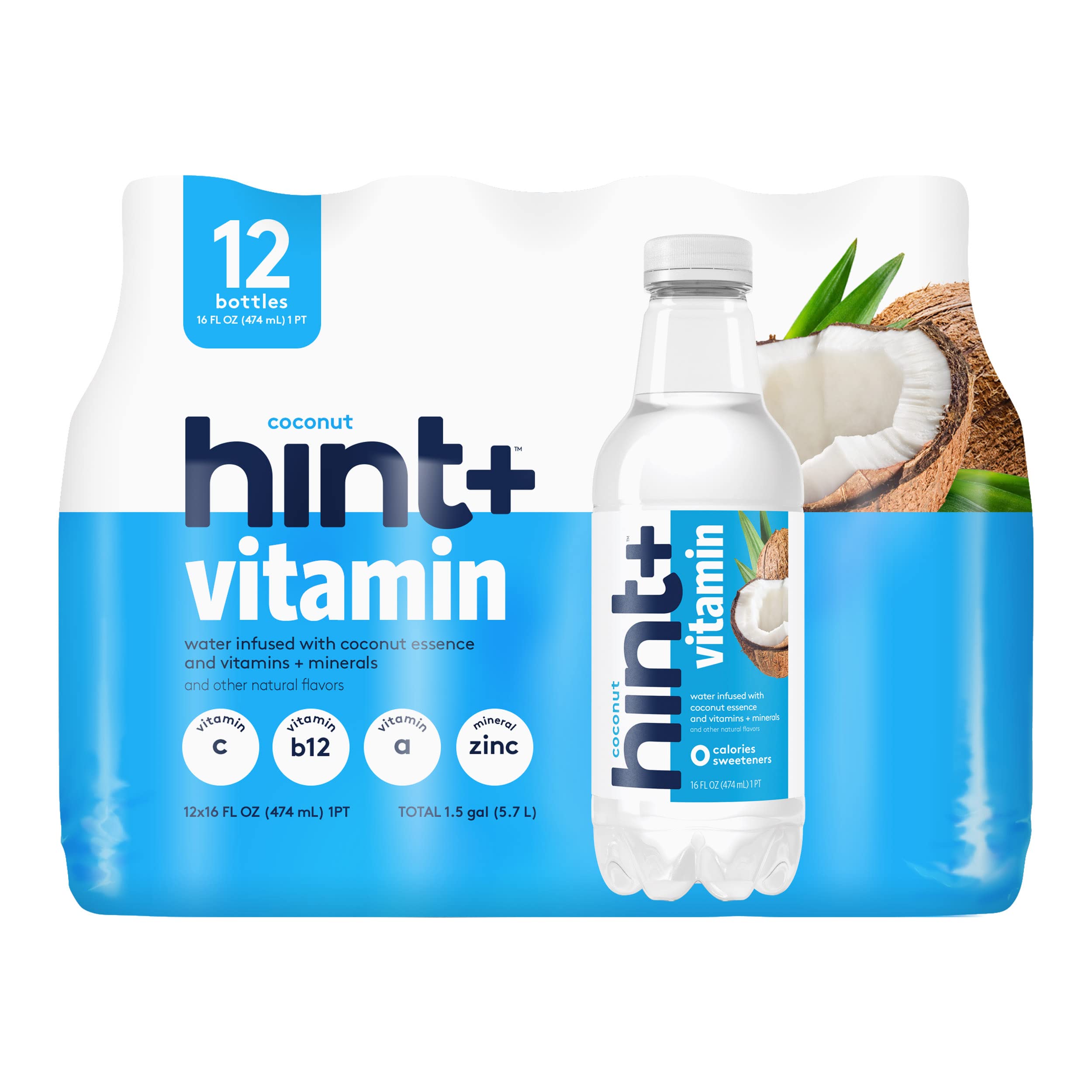 Hint+ Vitamin Coconut, 16 Fl Oz (Pack of 12), Pure Water Infused with Coconut Plus a Vitamin Boost, 100% Daily Value Vitamin C, Vitamin A, B12, Zinc, Zero Sugar, Zero Calories, Zero Diet Sweeteners