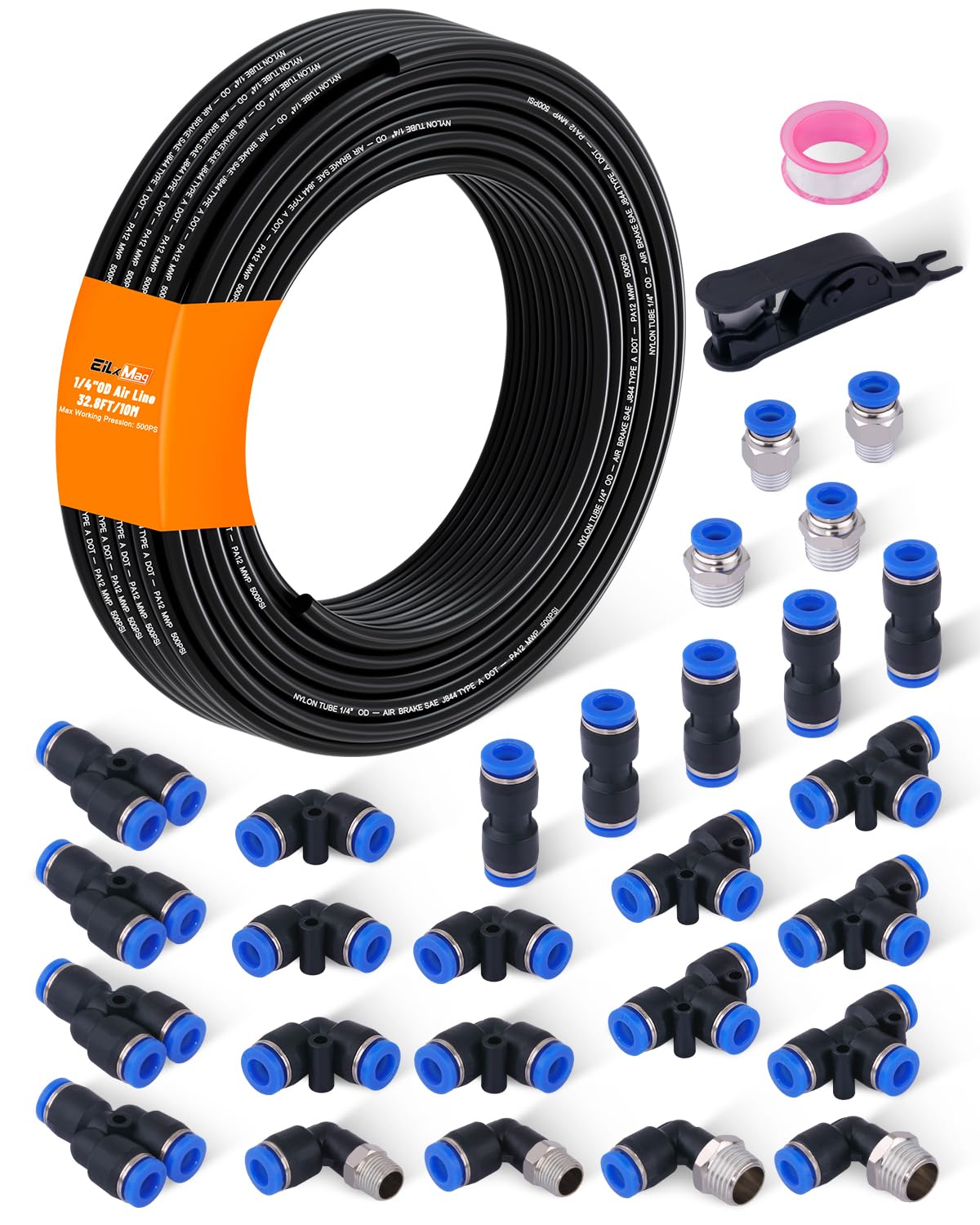 1/4" Air Line Tubing Kit, 32.8FT SAE J844 PA Nylon Air Hose Tubing