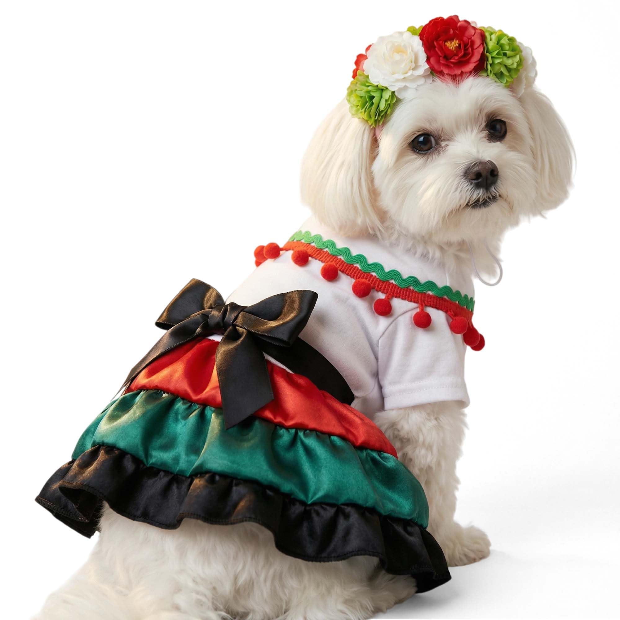 China Poblana Dog Mexican Dress with Pet Flower Crown Headband,Traditional Vestidos para Perras Mexicanos Cinco de Mayo Dog Dress Day of The Dead Costume Halloween Outfits,XXL - 1