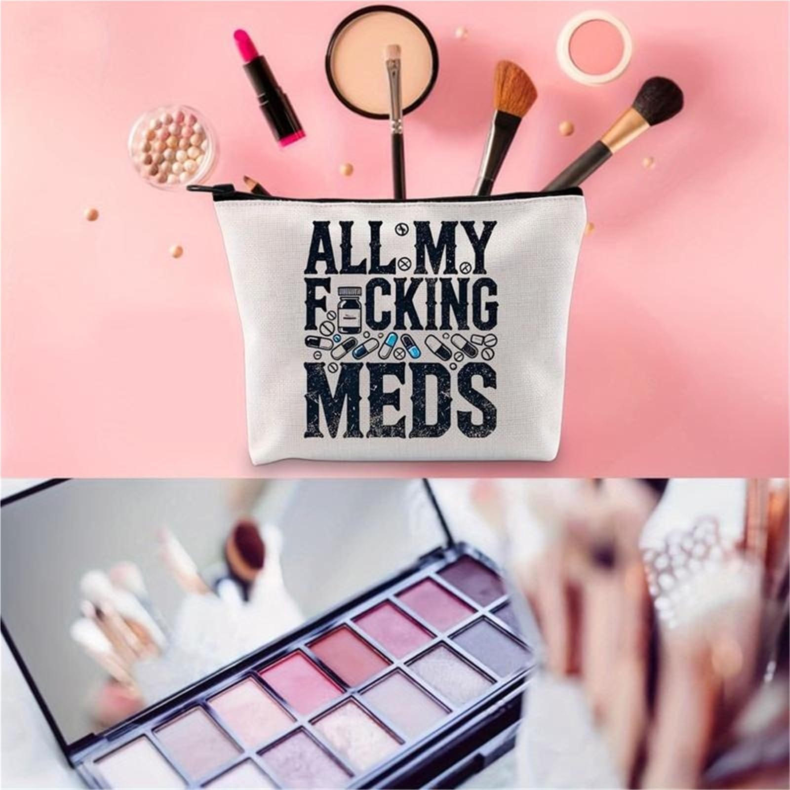 Neceser Maquillaje Bolsa de Maquillaje Reutilizable de Lona con Estampado de Letras, Organizador de Maquillaje con Cremallera, Bolsa de Viaje for Guardar Pastillas, Regalo for Mujeres Viaje